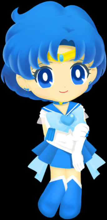 Sailor Mercury 桌布 壁紙 — 一個藍色頭髮、穿著水手服的Q版動漫女孩在黑色背景前拿著一個發光的藍色心形。
