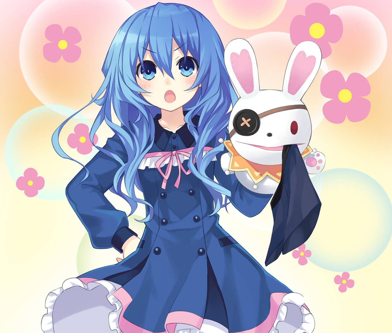 yoshino himekawa 桌布 壁紙 — 一個藍色頭髮、穿著海軍藍連衣裙的開朗動漫女孩，在粉彩泡泡和花朵背景中抱著一隻白色兔子毛絨玩具。