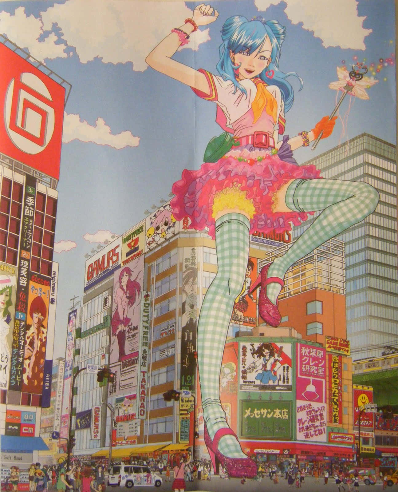Japanese Pop Art 桌布 壁紙 — 一個藍色頭髮、穿著粉紅色芭蕾舞裙的巨型動漫女孩，勝利地站在充滿彩色廣告牌和人群的繁華東京街道上。