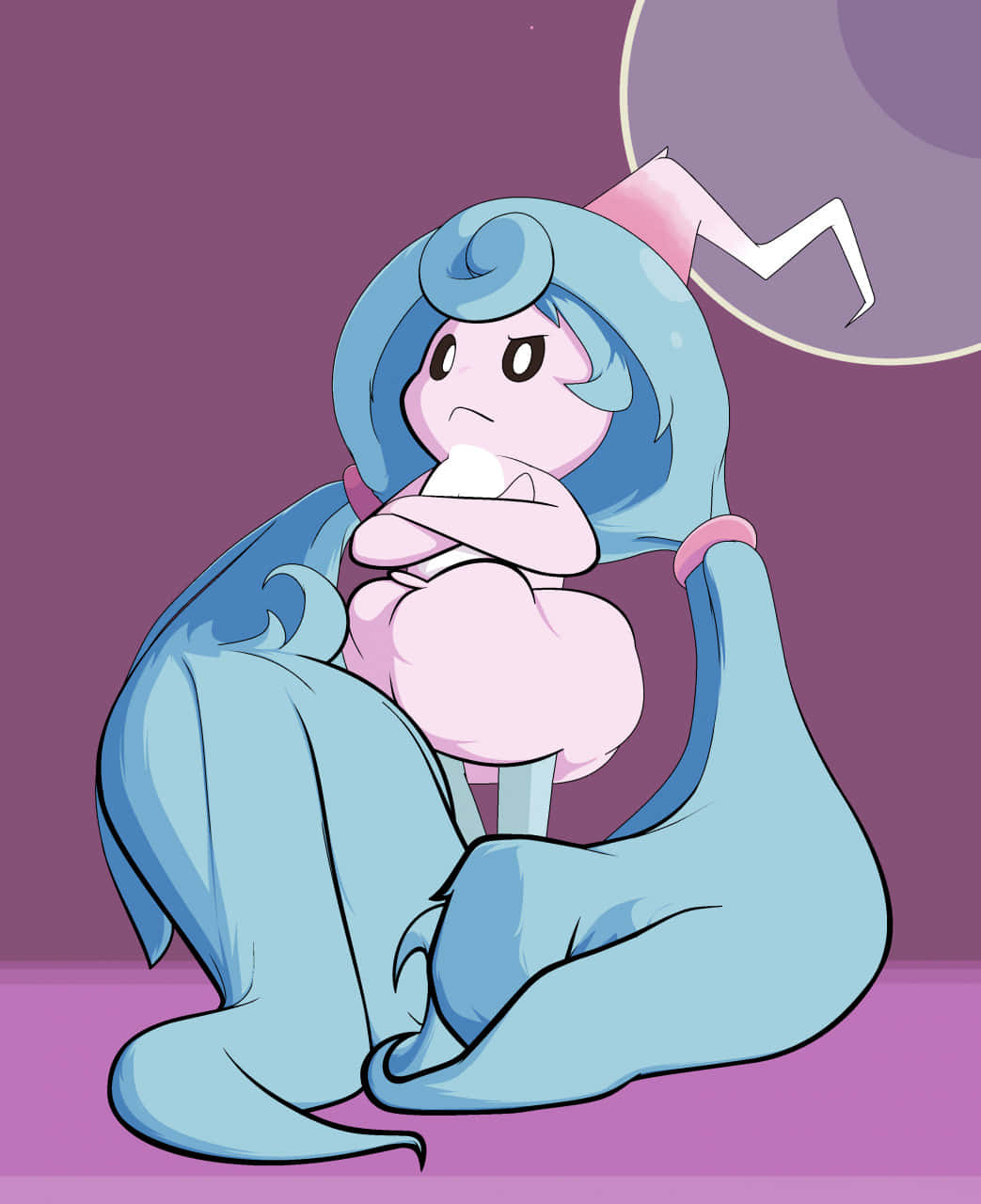 寶可夢 桌布 壁紙 — 一個藍色頭髮、粉紅色身體的動漫角色蜷縮著坐著，在紫色背景前抱著一個白色球。