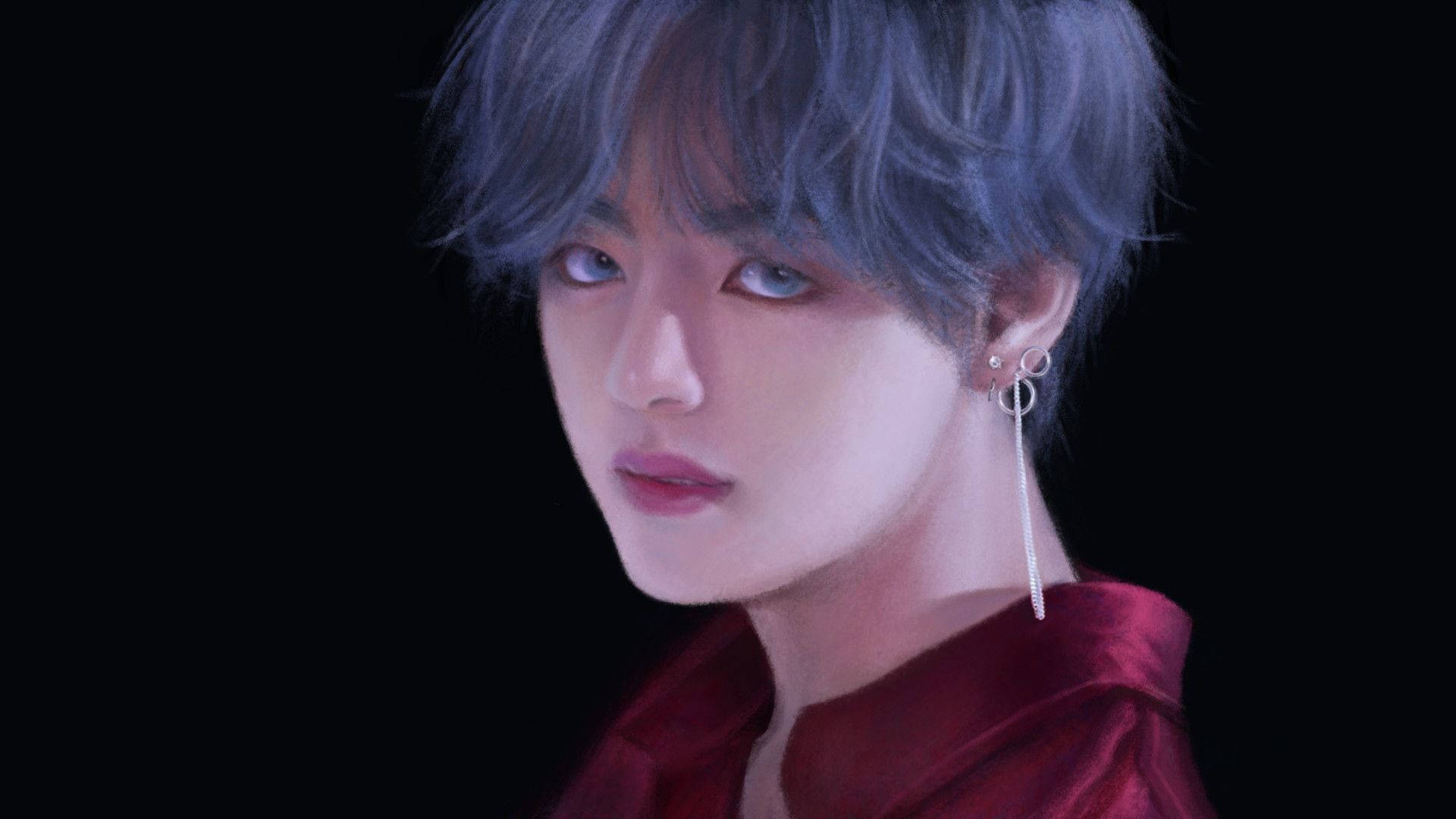 BTS 桌布 壁紙 — 一個藍色頭髮、紅色上衣的人在戲劇性燈光下，對著黑色背景專注地凝視。