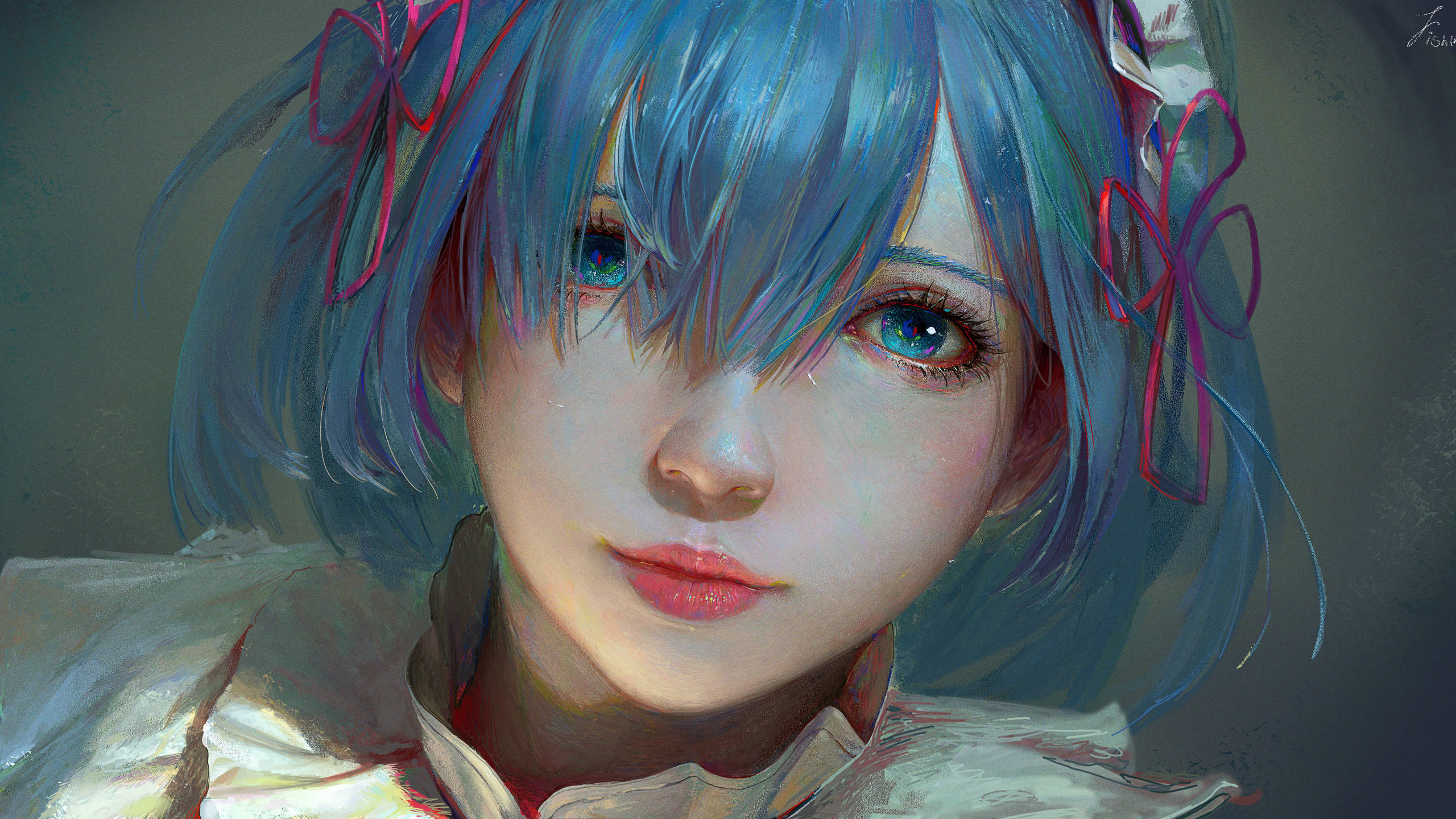 Rem 桌布 壁紙 — 一個藍色頭髮、繫著粉紅色絲帶的動漫女孩特寫，用大大的、富有表情的眼睛溫柔地凝視著。