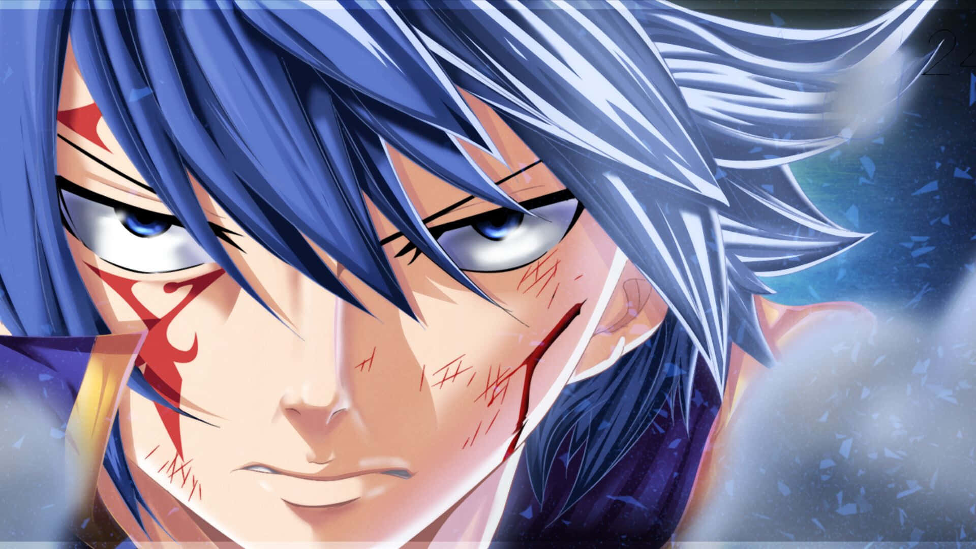Jellal Fernandes 桌布 壁紙 — 一個藍色頭髮、臉上帶有血痕的動漫角色特寫，在黑暗的宇宙背景下凝視著。