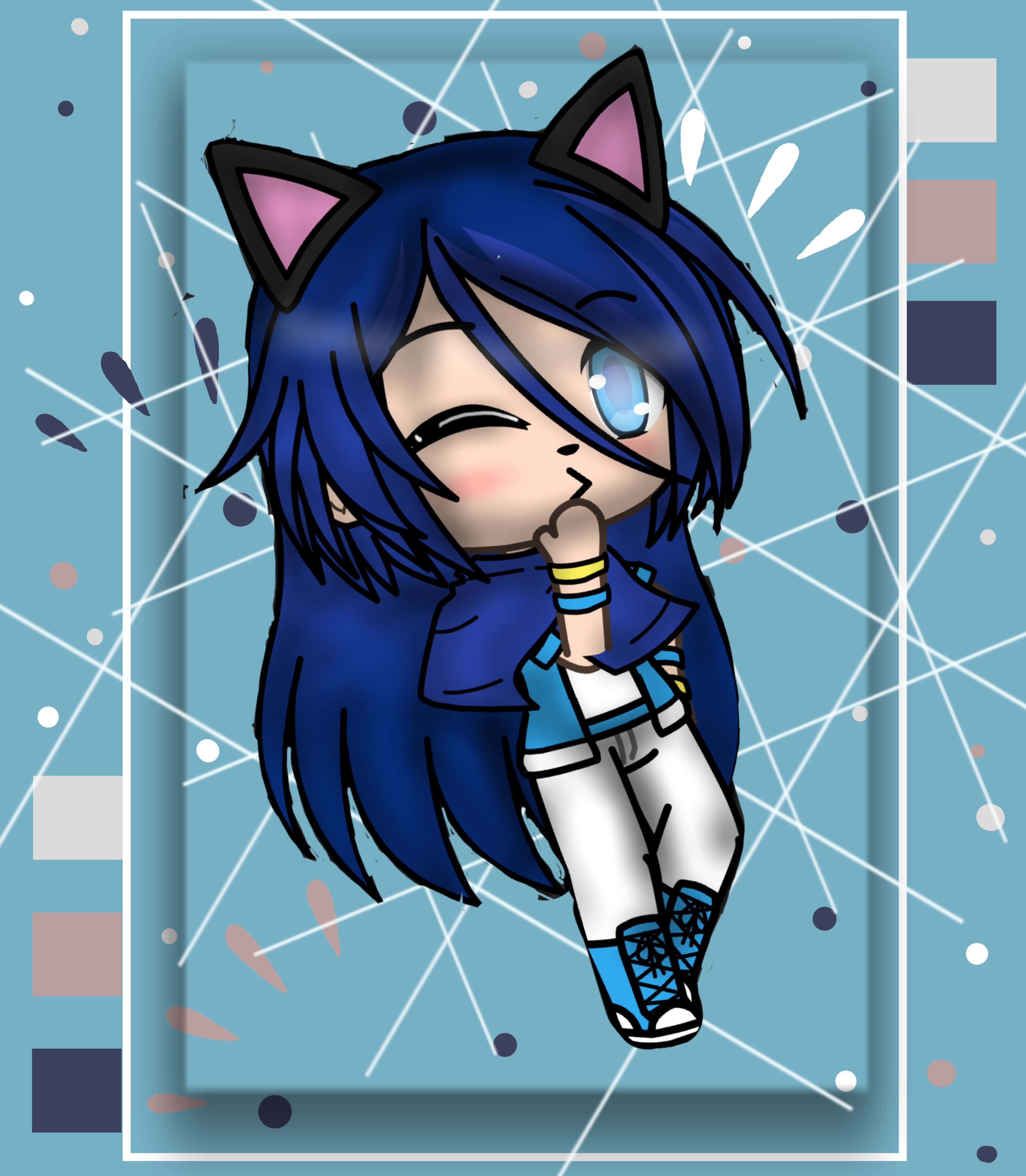Gacha Life 桌布 壁紙 — 一個藍色頭髮、貓耳朵的Q版動漫女孩，在淺藍色抽象背景前，將手指放在嘴唇上眨眼。