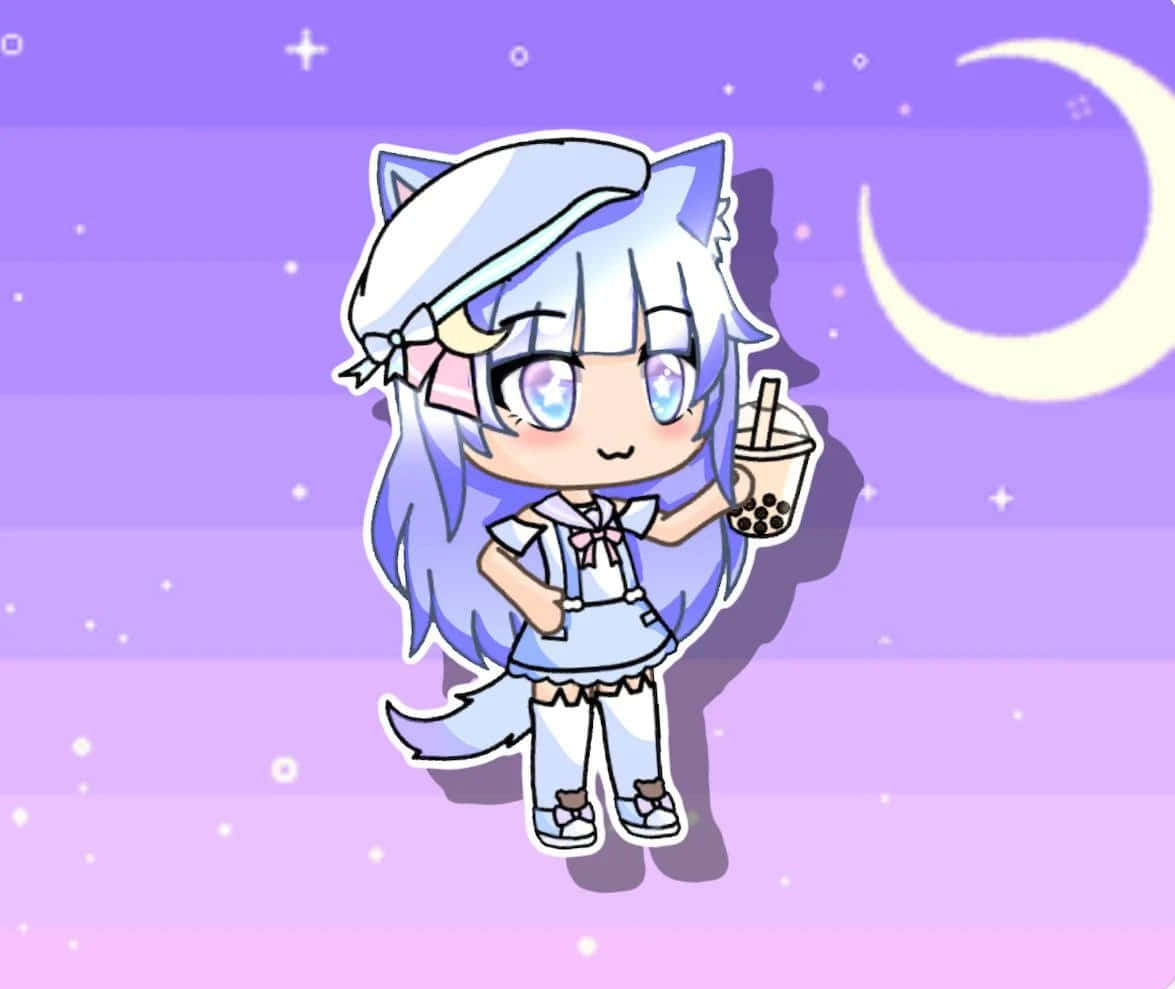 Gacha Life 桌布 壁紙 — 一個藍色頭髮、貓耳的可愛動漫女孩，在帶有新月圖案的淡紫色夜空背景下，拿著一杯珍珠奶茶。