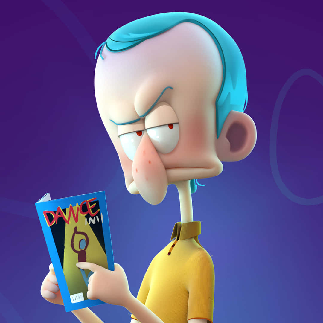 Squidward 桌布 壁紙 — 一個藍色頭髮、長頸的卡通男人，在紫色漸層背景前，帶著無聊的表情拿著一本名為「DANCE」的書。