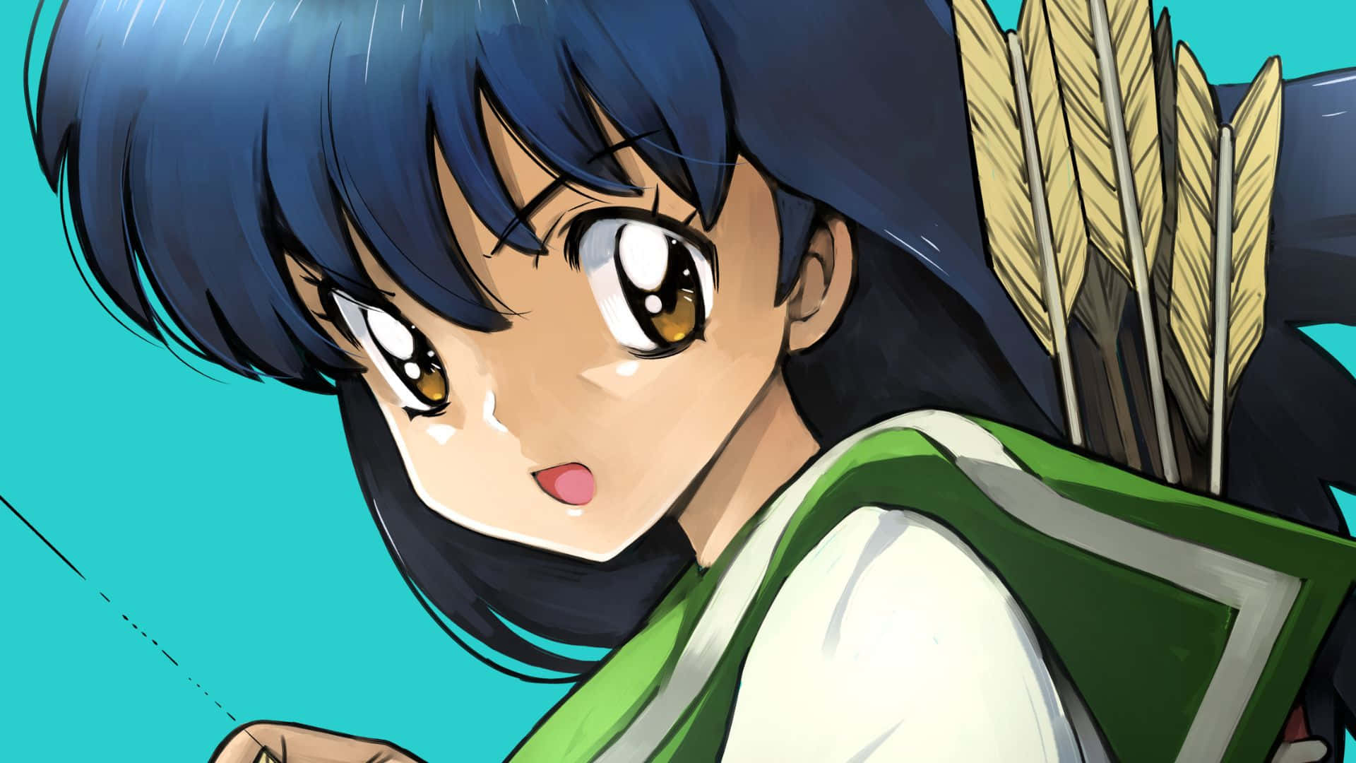 Kagome Higurashi 桌布 壁紙 — 一個藍色頭髮和棕色眼睛的動漫女孩特寫，拿著箭矢，對著青綠色背景露出驚訝的表情。