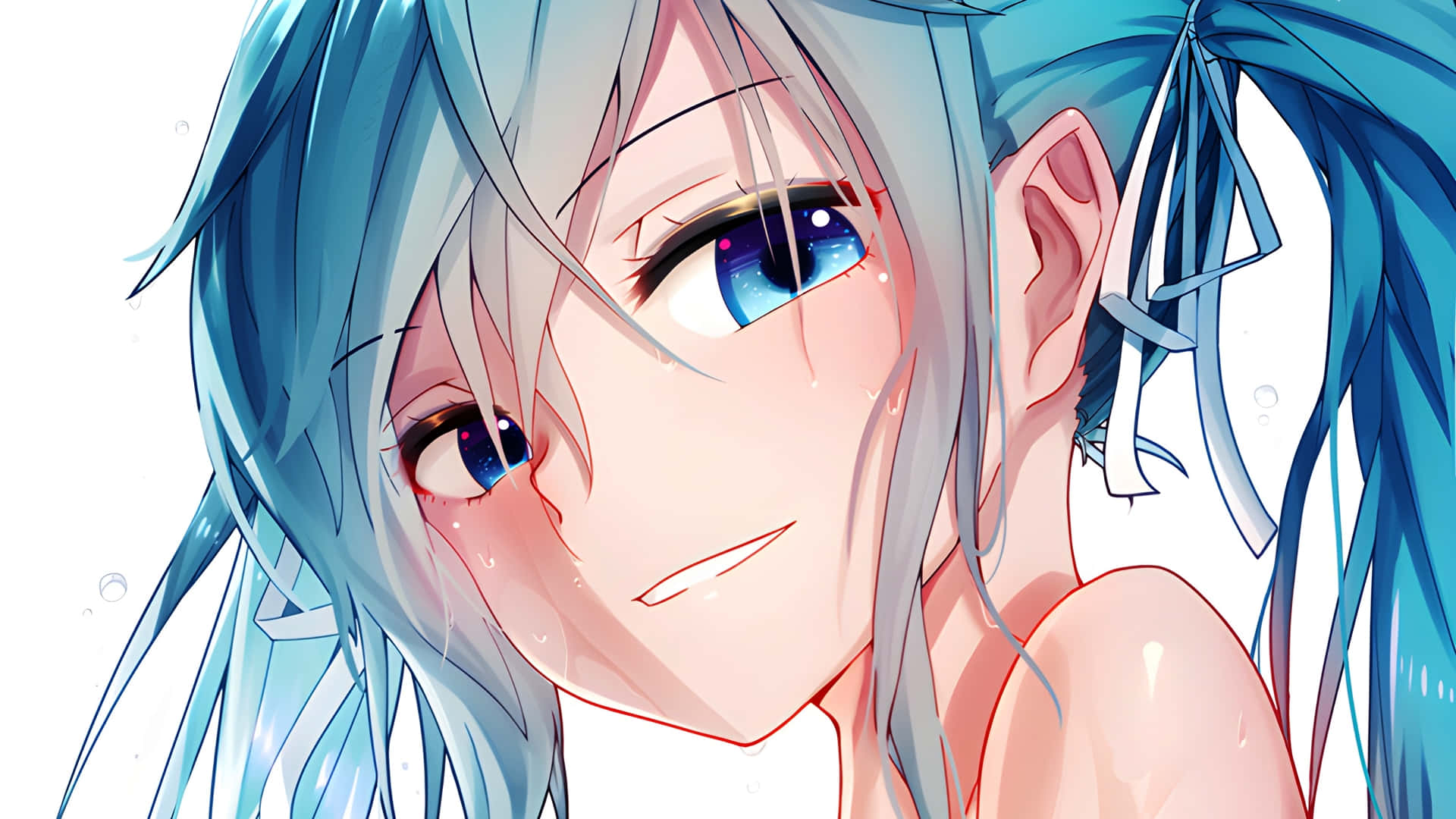 初音未來 桌布 壁紙 — 一個藍色頭髮和眼睛的動漫女孩特寫，在帶有水珠的白色背景上溫柔地微笑。