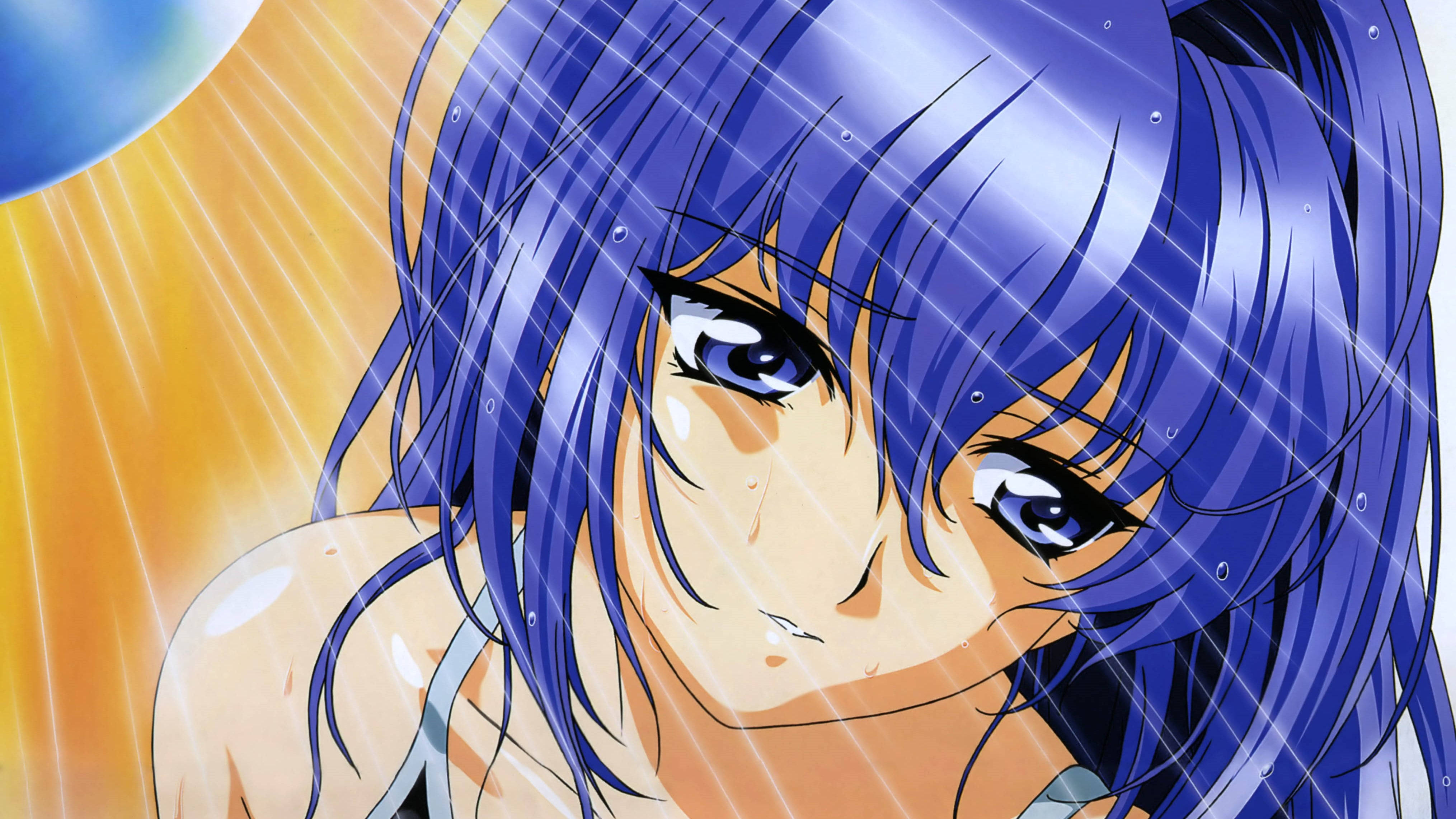 kimi ga nozomu eien 桌布 壁紙 — 一個藍色頭髮和眼睛的動漫女孩特寫，凝視前方，雨絲劃過畫面，背景是溫暖的金色。