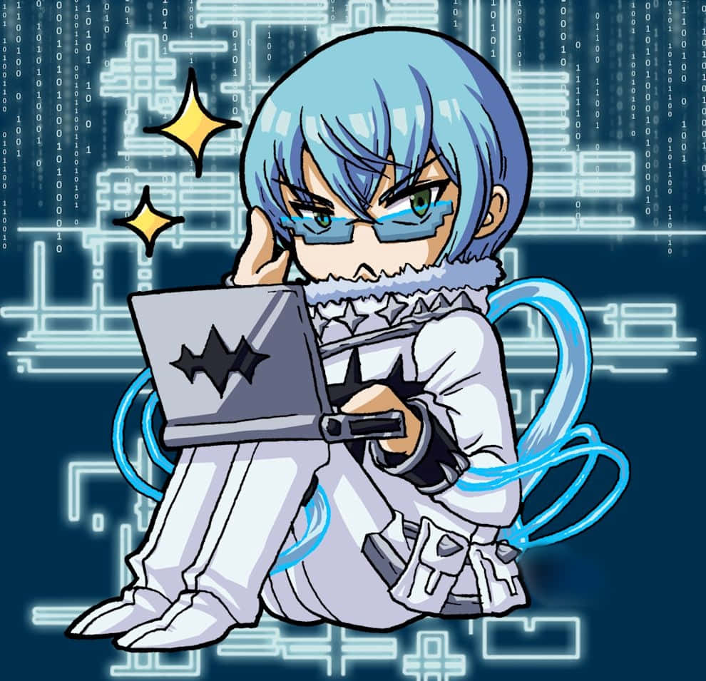 Houka Inumuta 桌布 壁紙 — 一個藍色頭髮戴眼鏡的Q版動漫角色，在發光的數位代碼和電路圖案中專注地使用筆記型電腦。