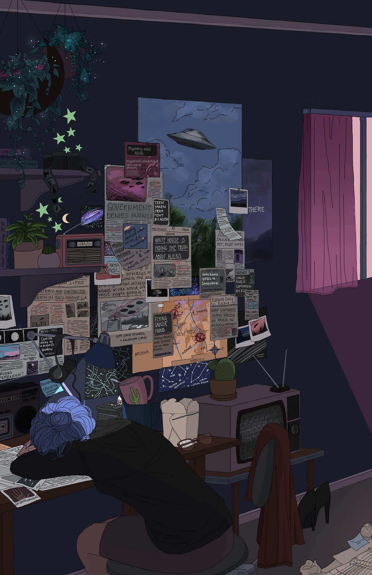Aesthetic Anime Bedroom 桌布 壁紙 — 一個藍色頭髮的人在一間昏暗紫色、佈滿UFO陰謀論海報和發光星星的雜亂書桌上睡覺。