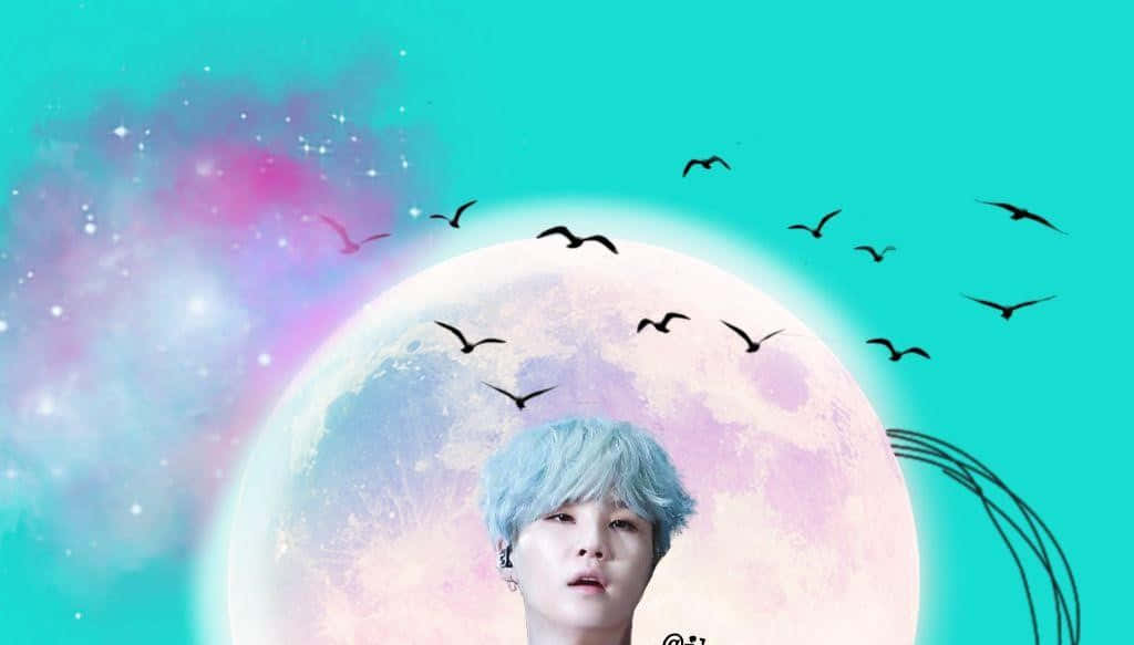 Bts Fanart 桌布 壁紙 — 一個藍色頭髮的人在巨大月亮下向上仰望，鳥兒在充滿活力的藍綠色和粉紅色宇宙天空中飛翔。