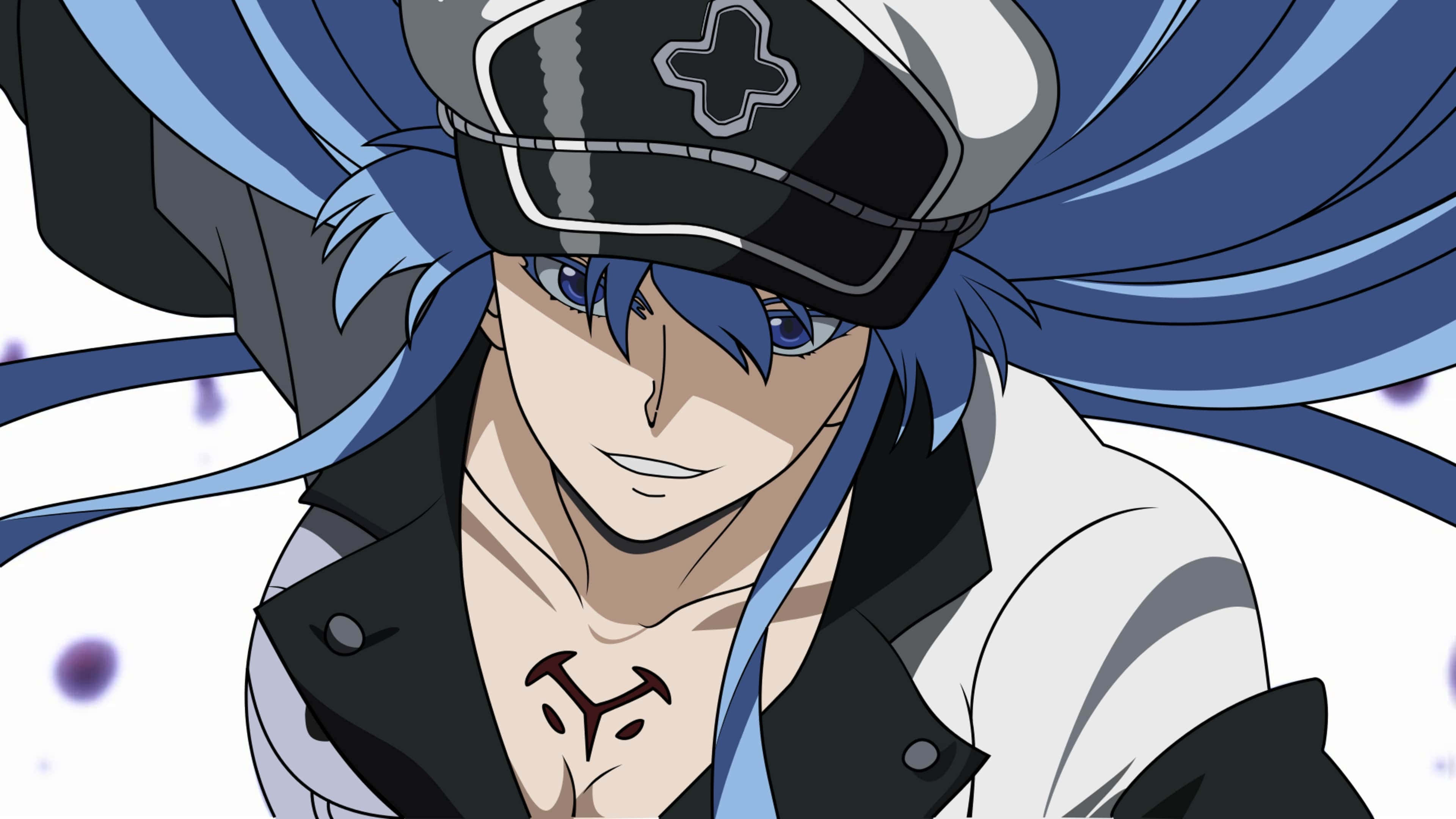 Akame Ga Kill 4K 桌布 壁紙 — 一個藍色頭髮的動漫角色，戴著黑色帽子和白色外套，在帶有紫色斑點的白色背景前自信地微笑。