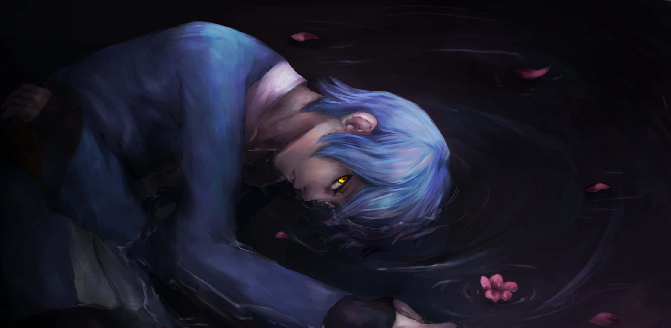 Mitsuki 桌布 壁紙 — 一個藍色頭髮的動漫角色，擁有發光的黃色眼睛，正在沉入黑暗的水中，周圍漂浮著粉紅色的花瓣。