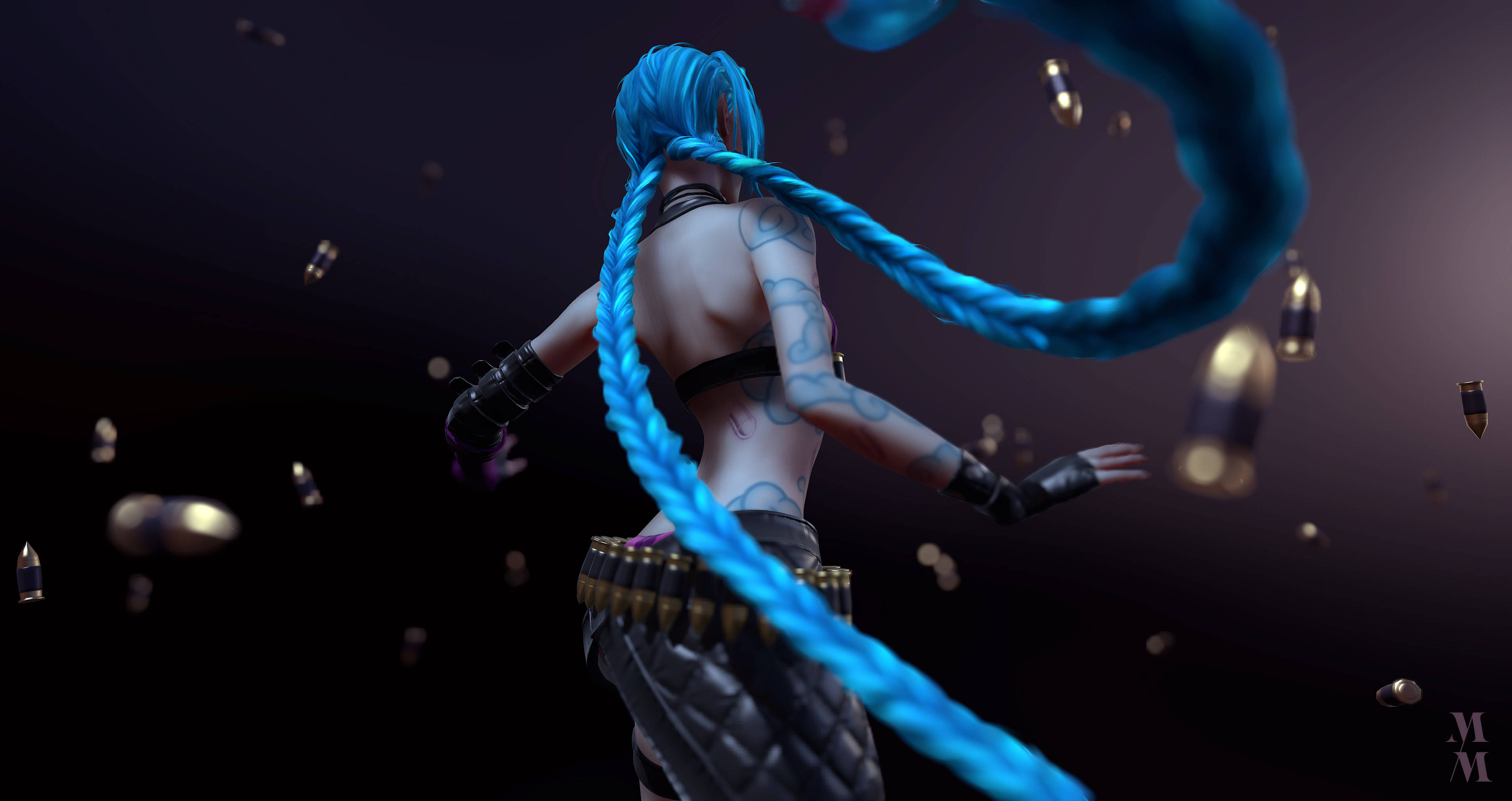 3d League Of Legends 桌布 壁紙 — 一個藍色頭髮的動漫角色，身上有刺青和子彈帶，在黑暗背景中與漂浮的子彈一起動態旋轉。