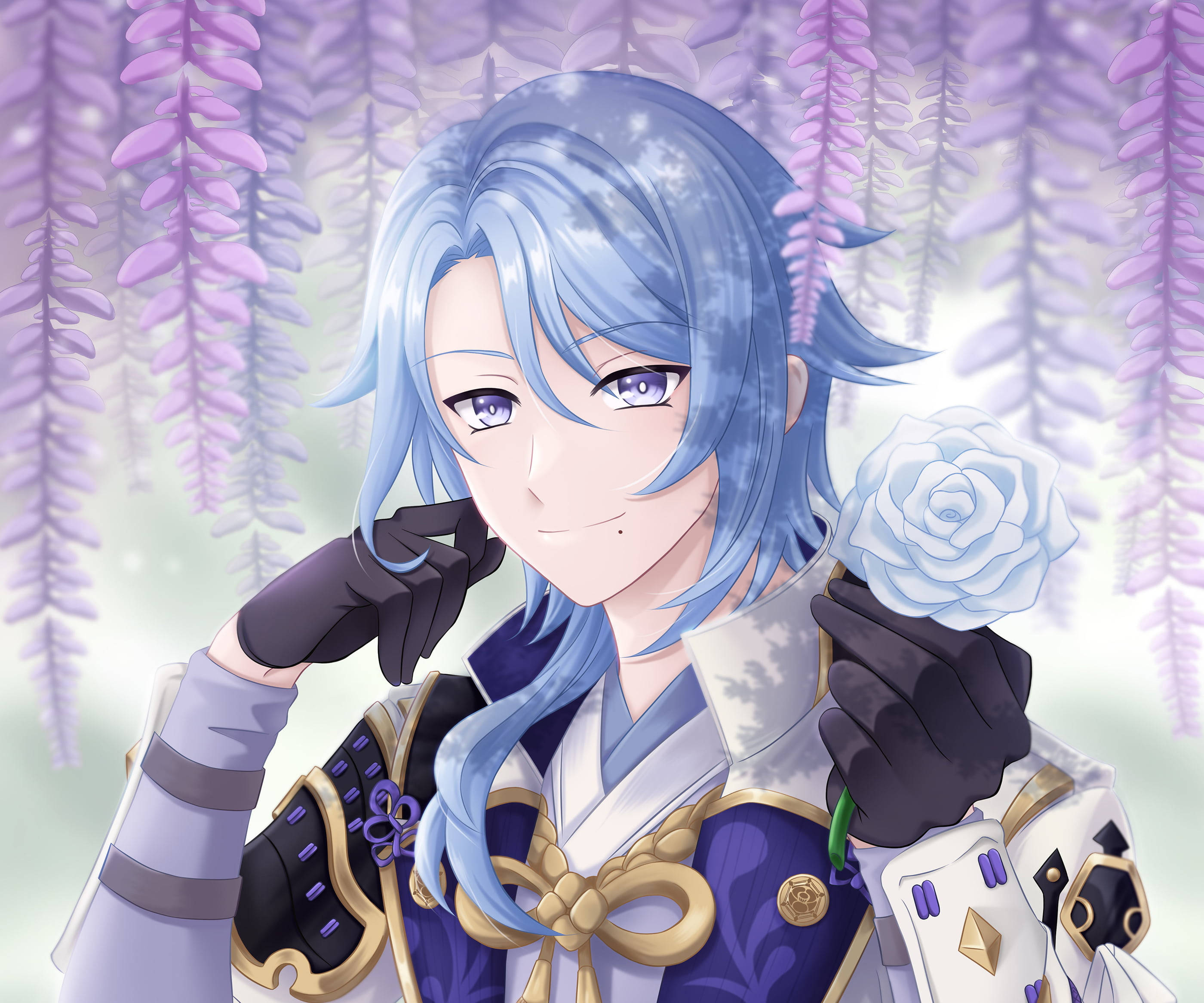 ayato 桌布 壁紙 — 一個藍色頭髮的動漫角色，身穿華麗的紫色和白色盔甲，在傾瀉而下的紫色紫藤花下手持一朵白玫瑰。