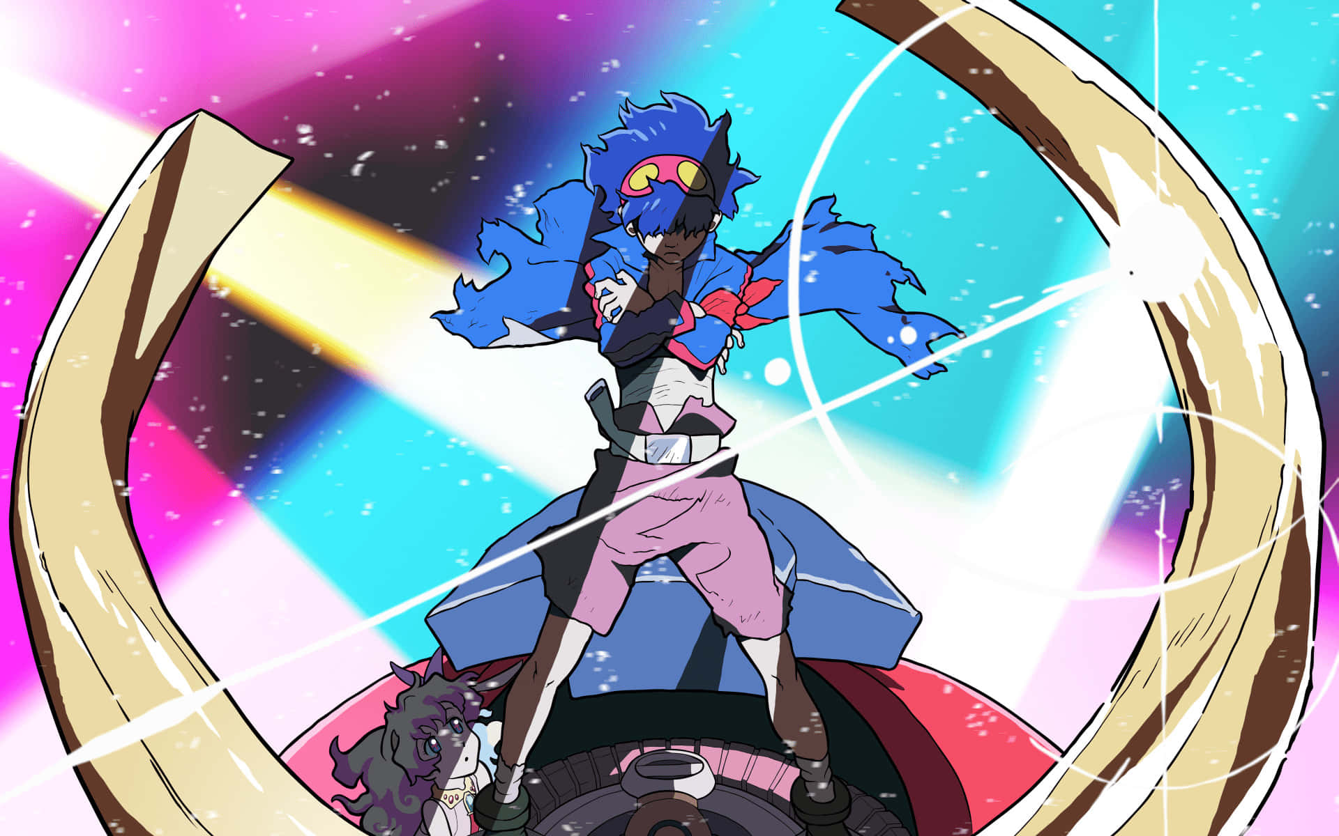 Gurren Lagann Simon 桌布 壁紙 — 一個藍色頭髮的動漫角色以動態姿勢站在車輛上，背景是宇宙，帶有鮮豔的光線條紋。