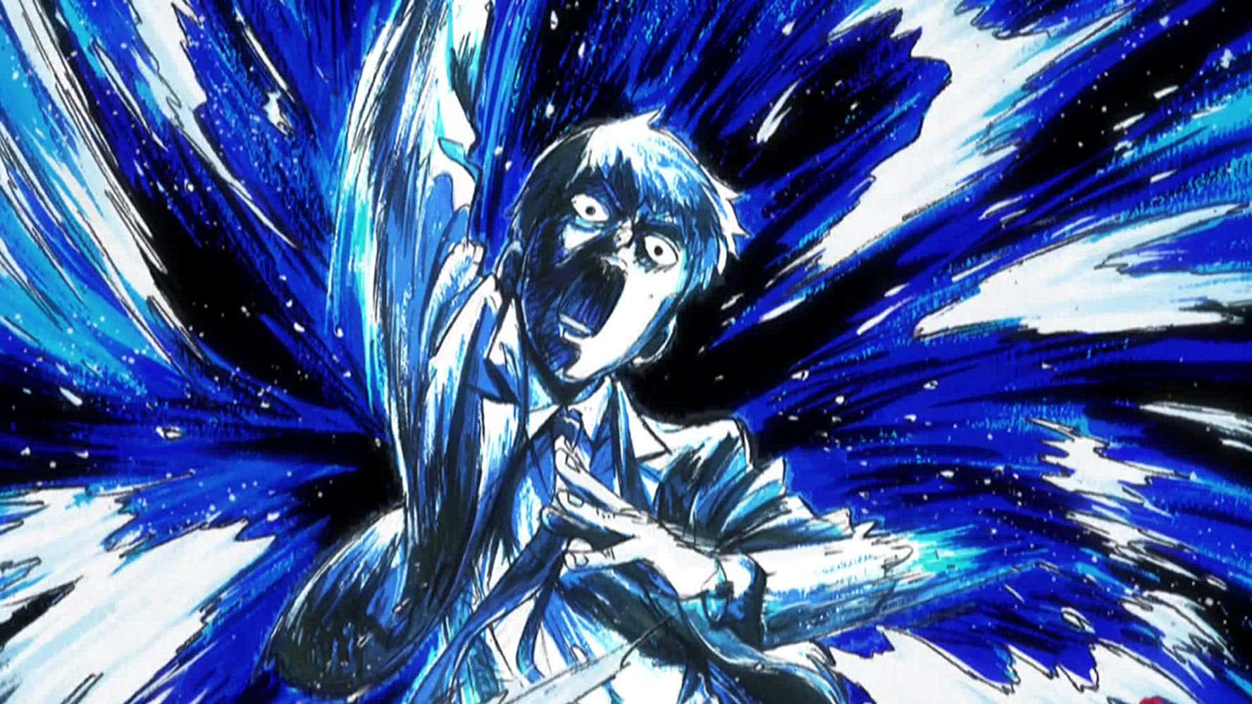 Arataka Reigen 桌布 壁紙 — 一個藍色頭髮的動漫角色正在尖叫，散發出強烈的能量，藍色和白色的爆炸性筆觸向外輻射。