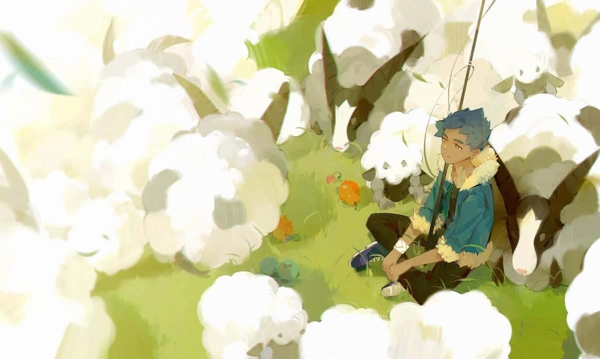 桌布 壁紙 — 一個藍色頭髮的動畫男孩平靜地坐在一片蓬鬆的白雲田野中，周圍有小而色彩繽紛的花朵。