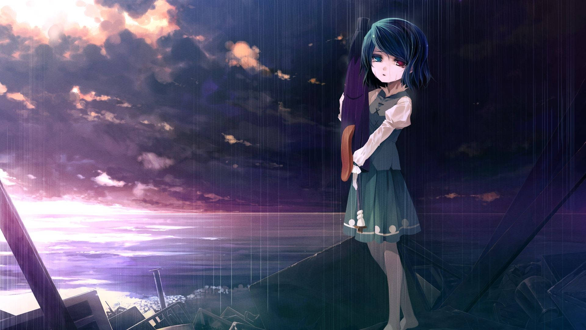 可憐動漫 桌布 壁紙 — 一個藍色頭髮的孤獨動漫女孩站在廢墟屋頂上，天空是暴風雨的黃昏，有紫色雲層和落雨。
