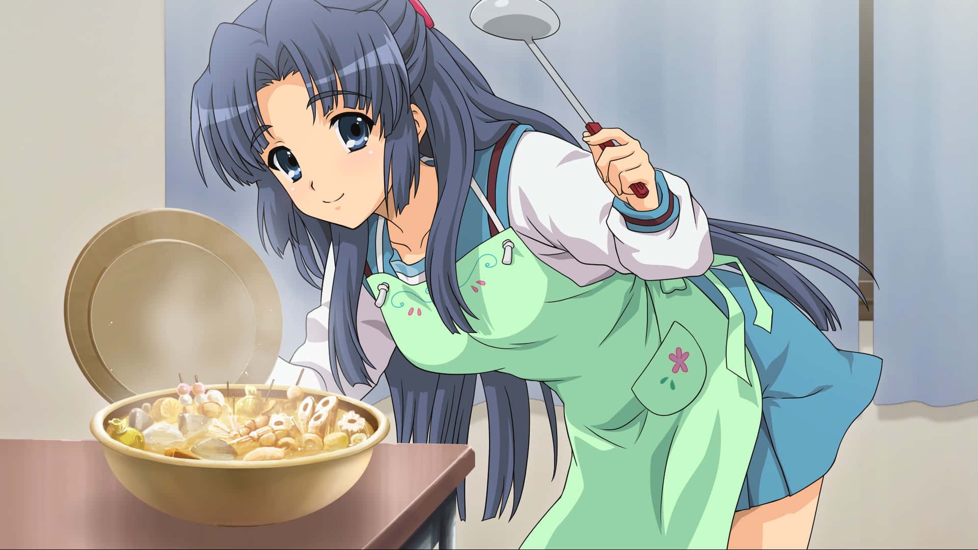 Ryoko Asakura 桌布 壁紙 — 一個藍色頭髮的開朗動漫女孩，穿著綠色圍裙，攪拌一碗冒煙的湯。