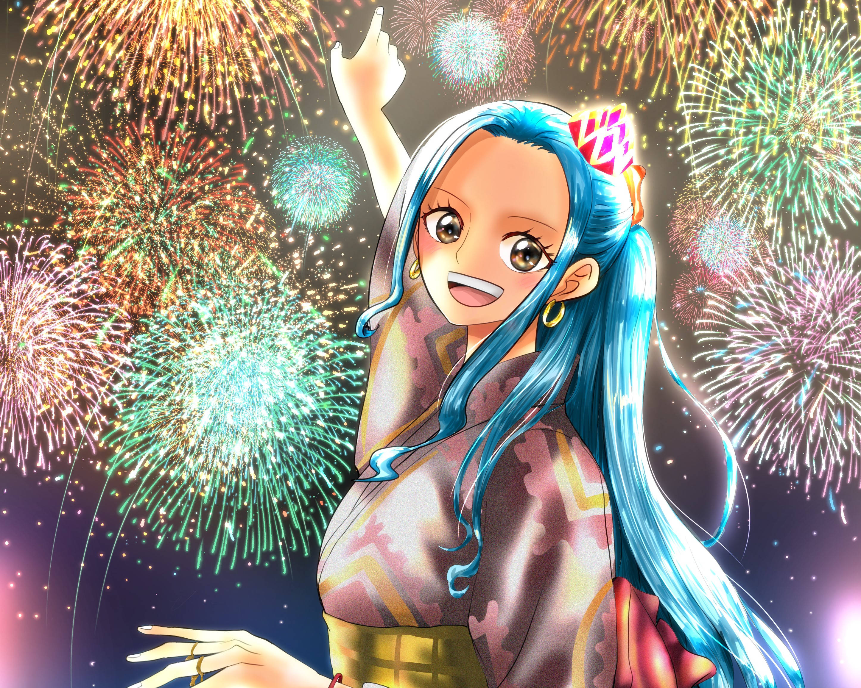 nefertari vivi 桌布 壁紙 — 一個藍色頭髮的開朗動畫女孩穿著和服，高興地指著身後爆炸的絢麗多彩煙火。