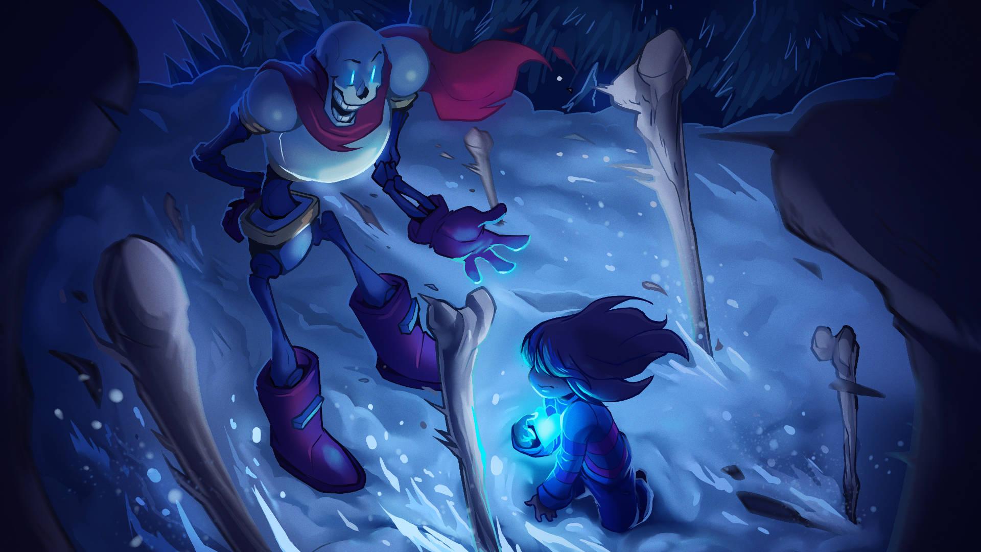 Undertale 桌布 壁紙 — 一個藍色骷髏身影披著紅色斗篷，在一個滿是骨頭的雪洞中，聳立在一個發光的小孩上方。