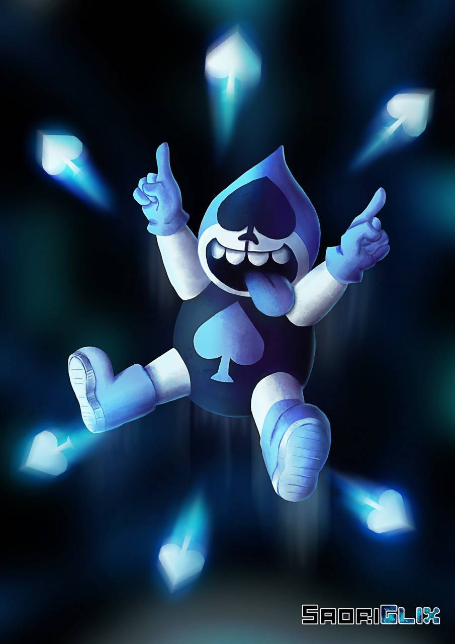 Deltarune 桌布 壁紙 — 一個藍色黑桃角色，骷髏臉並伸出舌頭，在黑暗背景中快樂地漂浮，周圍環繞著發光的黑桃符號。