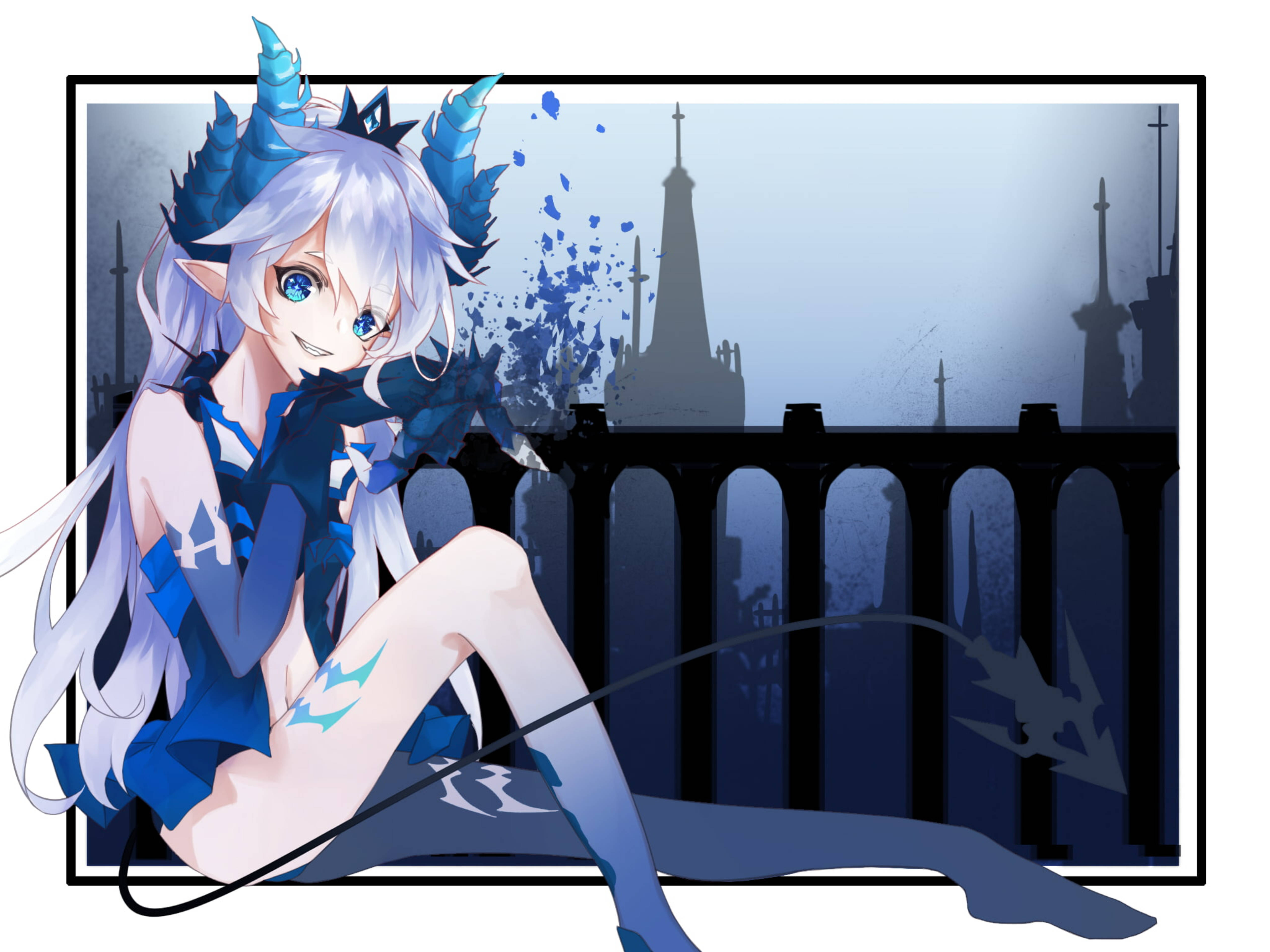 Elsword 桌布 壁紙 — 一個藍髮、有角有尾巴的動漫女孩，在黃昏時分愉快地坐在哥德式城市天際線前。