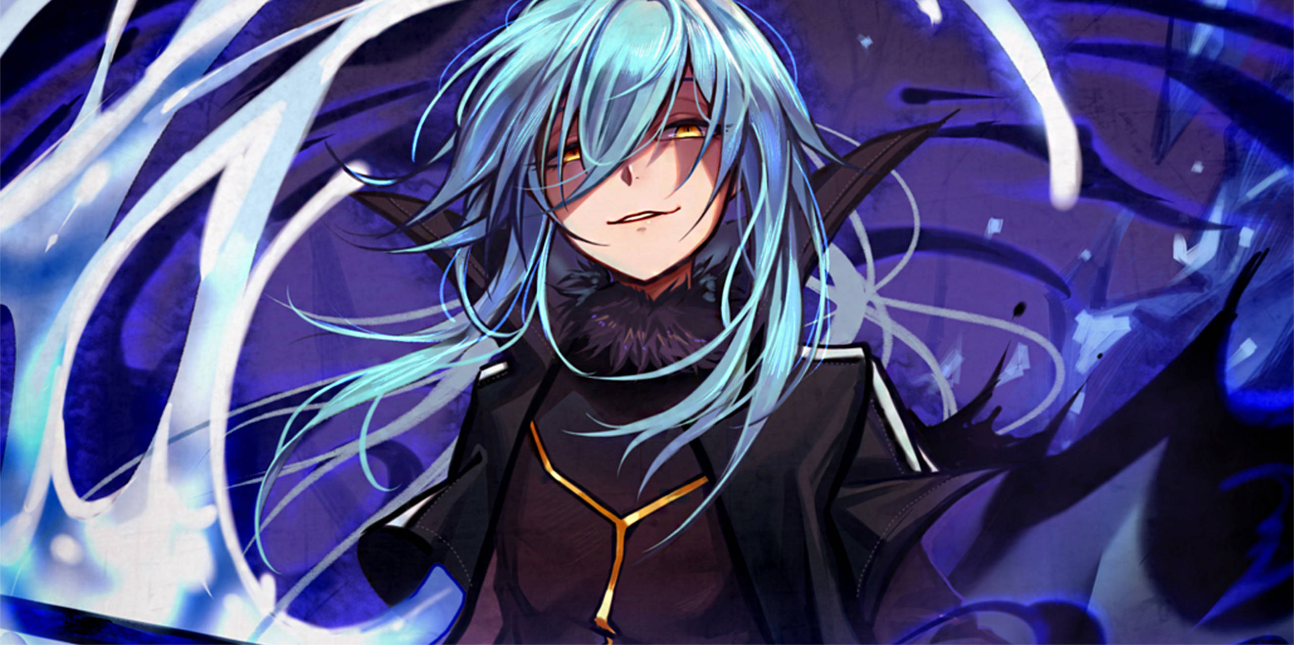 Rimuru 桌布 壁紙 — 一個藍髮、眼睛發光、身穿黑色斗篷的動漫角色，站在深紫色背景上旋轉的藍色能量之中。
