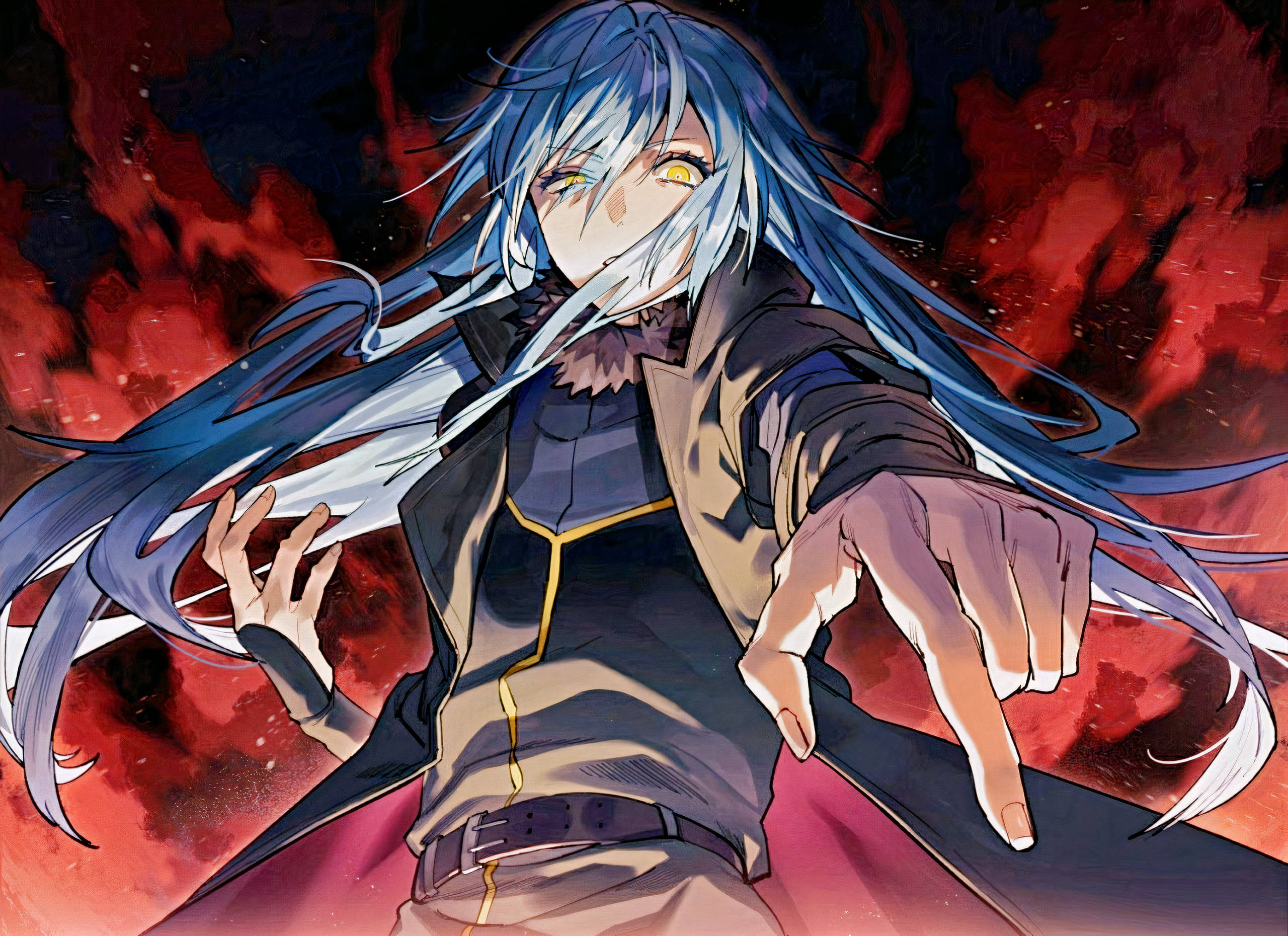Rimuru 桌布 壁紙 — 一個藍髮、黃色發光眼睛的動漫角色，在熾熱的紅黑宇宙背景前伸手向前。