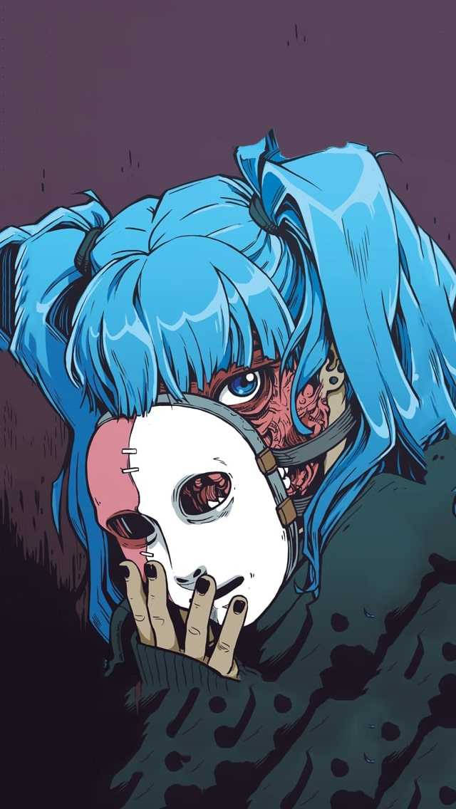 藍髮動漫女孩拿著面具，露出下面血淋淋的肉。 — 恐怖動圖 壁紙