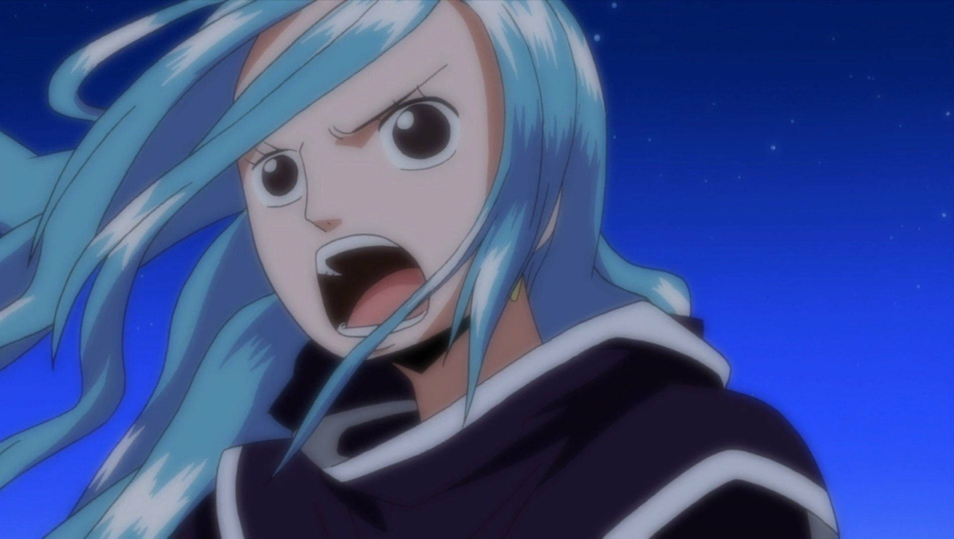 nefertari vivi 桌布 壁紙 — 一個藍髮動漫女孩，睜大眼睛，張開嘴巴，對著繁星點點的夜空尖叫。