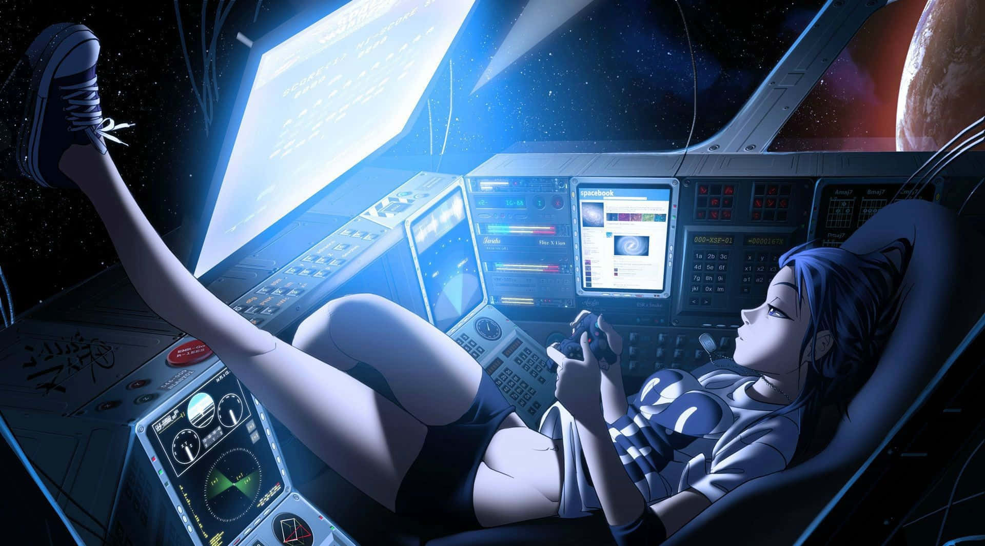 character design 桌布 壁紙 — 一個藍髮動漫女孩在太空船駕駛艙內放鬆，雙腳翹起，在發光的藍色螢幕下玩遊戲，外面可見一顆行星。
