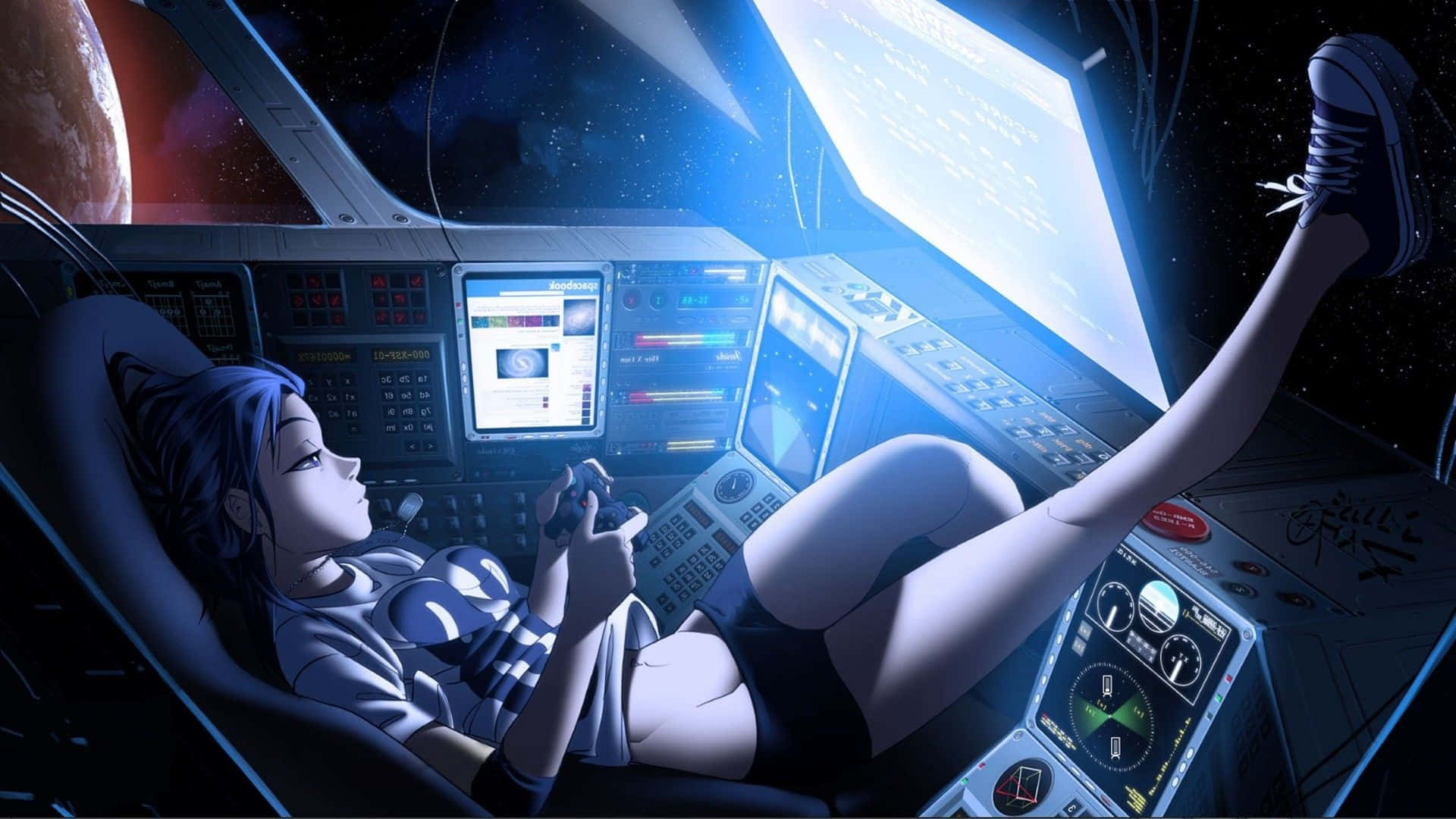 電玩遊戲 桌布 壁紙 — 一個藍髮動漫女孩在太空船駕駛艙裡放鬆，在發光的螢幕下玩遊戲，外面可以看到一顆行星。