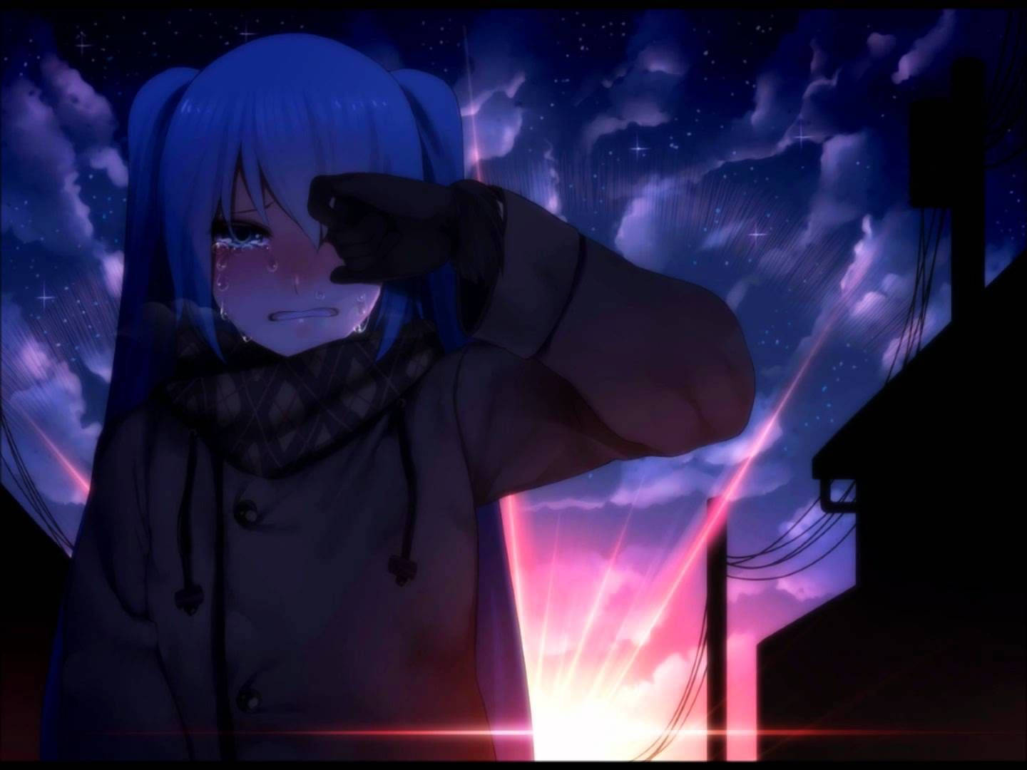 日落 桌布 壁紙 — 一個藍髮動漫女孩在星光燦爛的黃昏天空下，擦去一滴眼淚，天空中有發光的粉紅色和紫色光線。