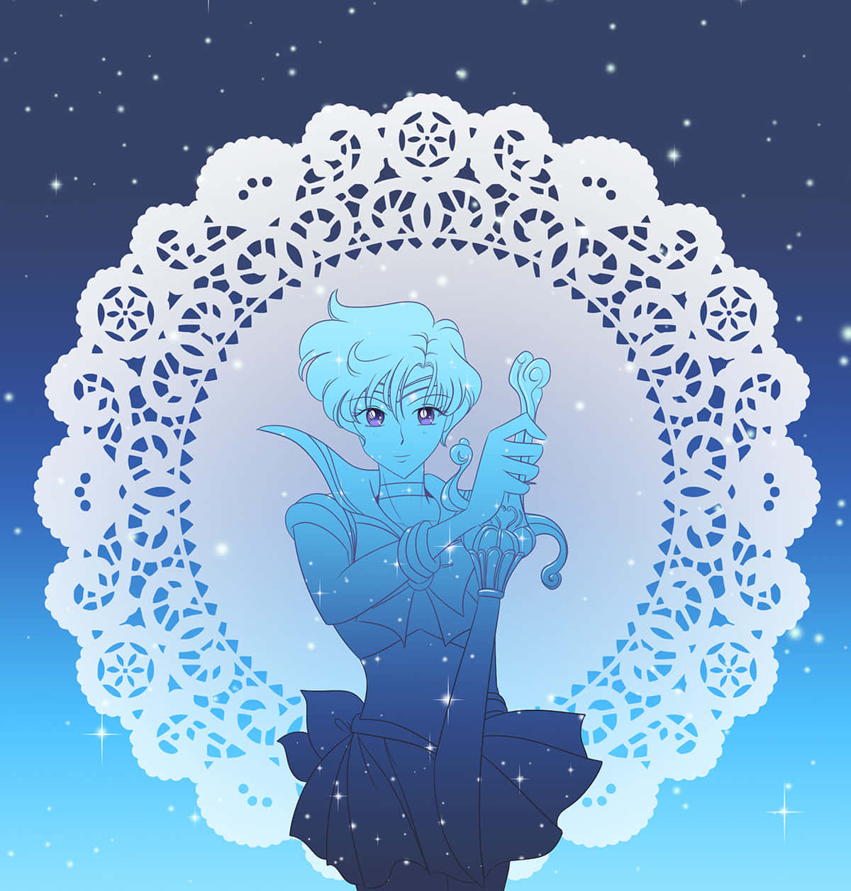 Sailor Uranus 桌布 壁紙 — 一個藍髮動漫女孩在星空下，手持發光法杖，周圍環繞著白色蕾絲墊。