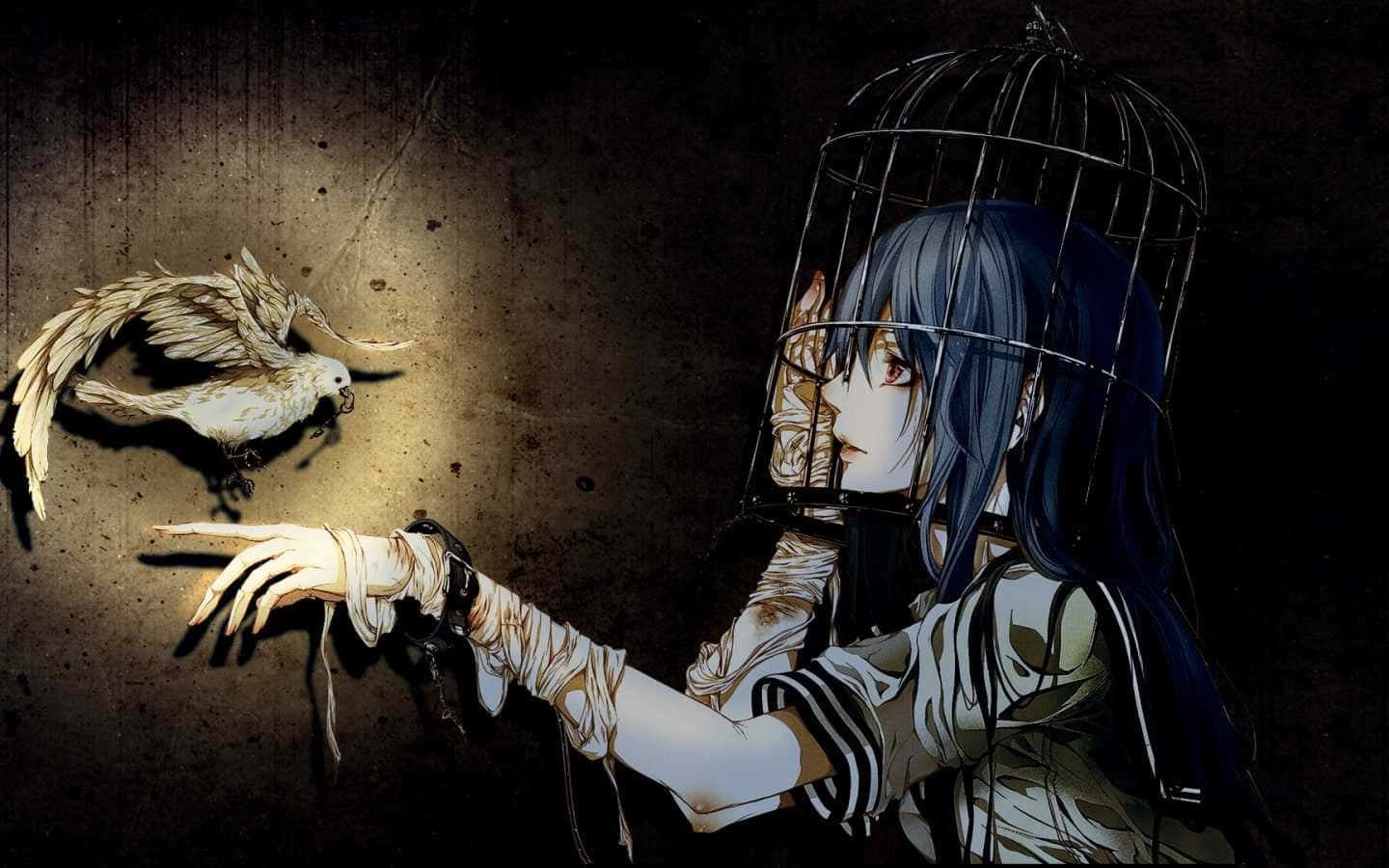 哥德式動圖 桌布 壁紙 — 一個藍髮動漫女孩在鳥籠中，向著裂牆上的一隻白鳥伸出纏著繃帶的手。