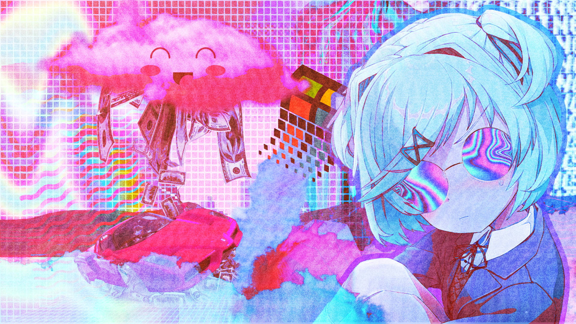 literature 桌布 壁紙 — 一個藍髮動漫女孩戴著故障太陽眼鏡，坐在一個粉紅色雲朵機器人旁邊，身處一個充滿活力的像素化賽博朋克場景。