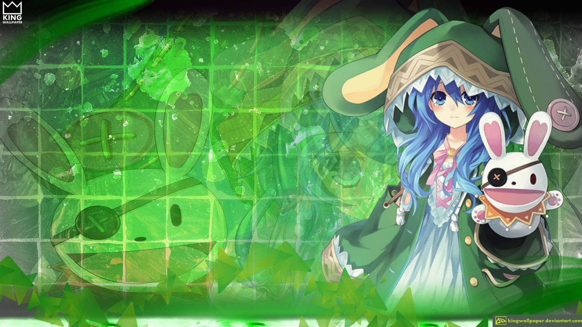 yoshino himekawa 桌布 壁紙 — 一個藍髮動漫女孩戴著綠色帽子，在發光的綠色網格背景前抱著一個兔子絨毛玩具。