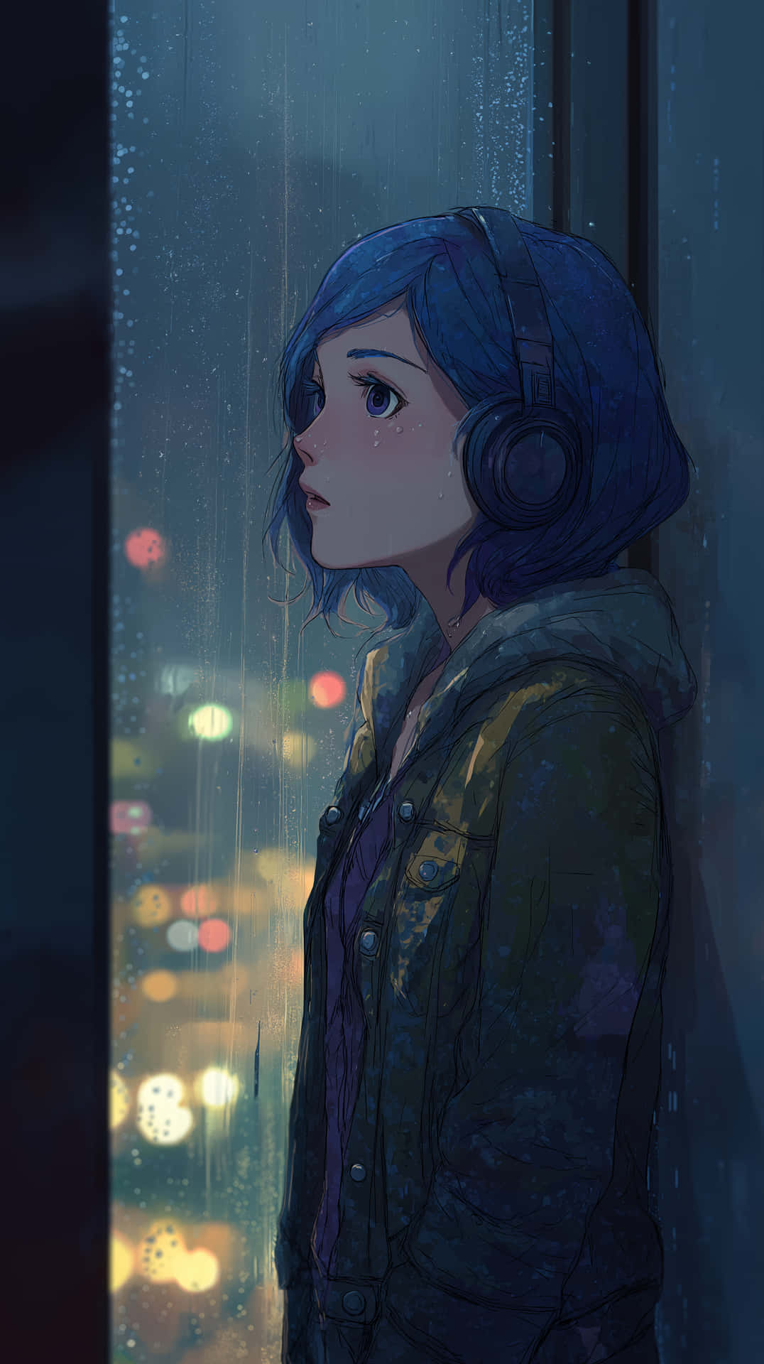 Melancholic Anime Girl with Headphones by a Rainy Window 壁紙 — 一個藍髮動漫女孩戴著耳機，透過雨水斑駁的窗戶凝視著夜晚發光的城市燈光。
