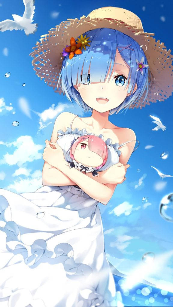 iPhone 6s Plus 桌布 壁紙 — 一個藍髮動漫女孩戴著草帽，在藍天白雲和飛鳥的背景下，抱著一個粉紅髮的娃娃。