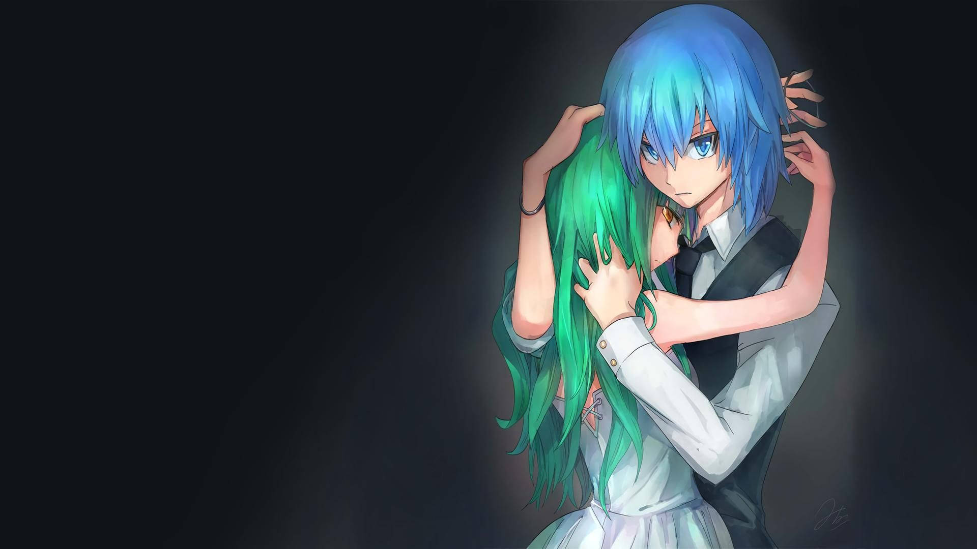 Assassination 桌布 壁紙 — 一個藍髮動漫女孩擁抱一個綠髮女孩，場景昏暗，柔和光線凸顯她們的身形。
