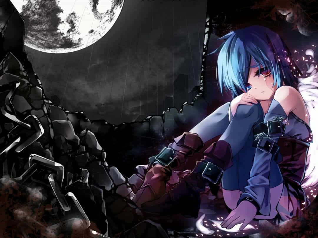 depressed anime 桌布 壁紙 — 一個藍髮動漫女孩獨自坐在滿月下的廢墟中，雨水落在她發光的雙手周圍。