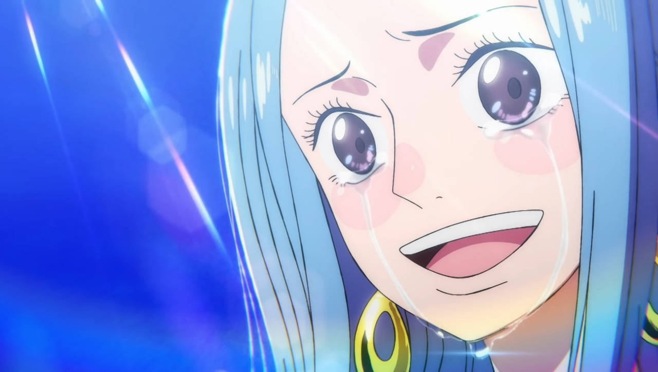 nefertari vivi 桌布 壁紙 — 一個藍髮動漫女孩的特寫，她眼含淚水，露出喜悅的笑容，背景是充滿活力的藍色散景。