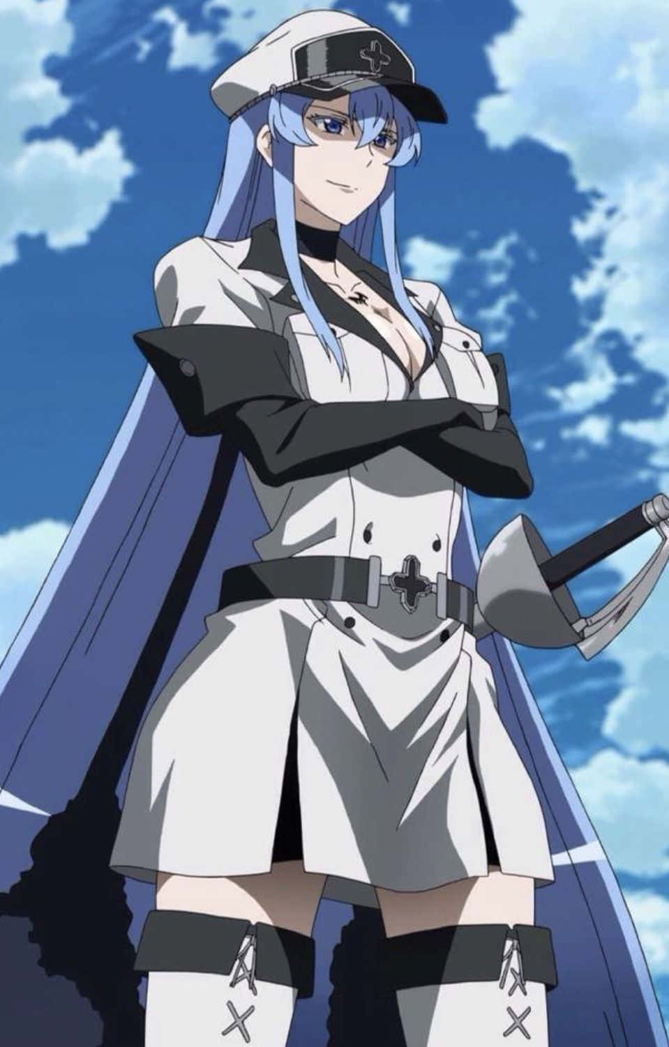Animated 桌布 壁紙 — 一個藍髮動漫女孩穿著白色和黑色制服，自信地站在有雲的明亮藍天下。