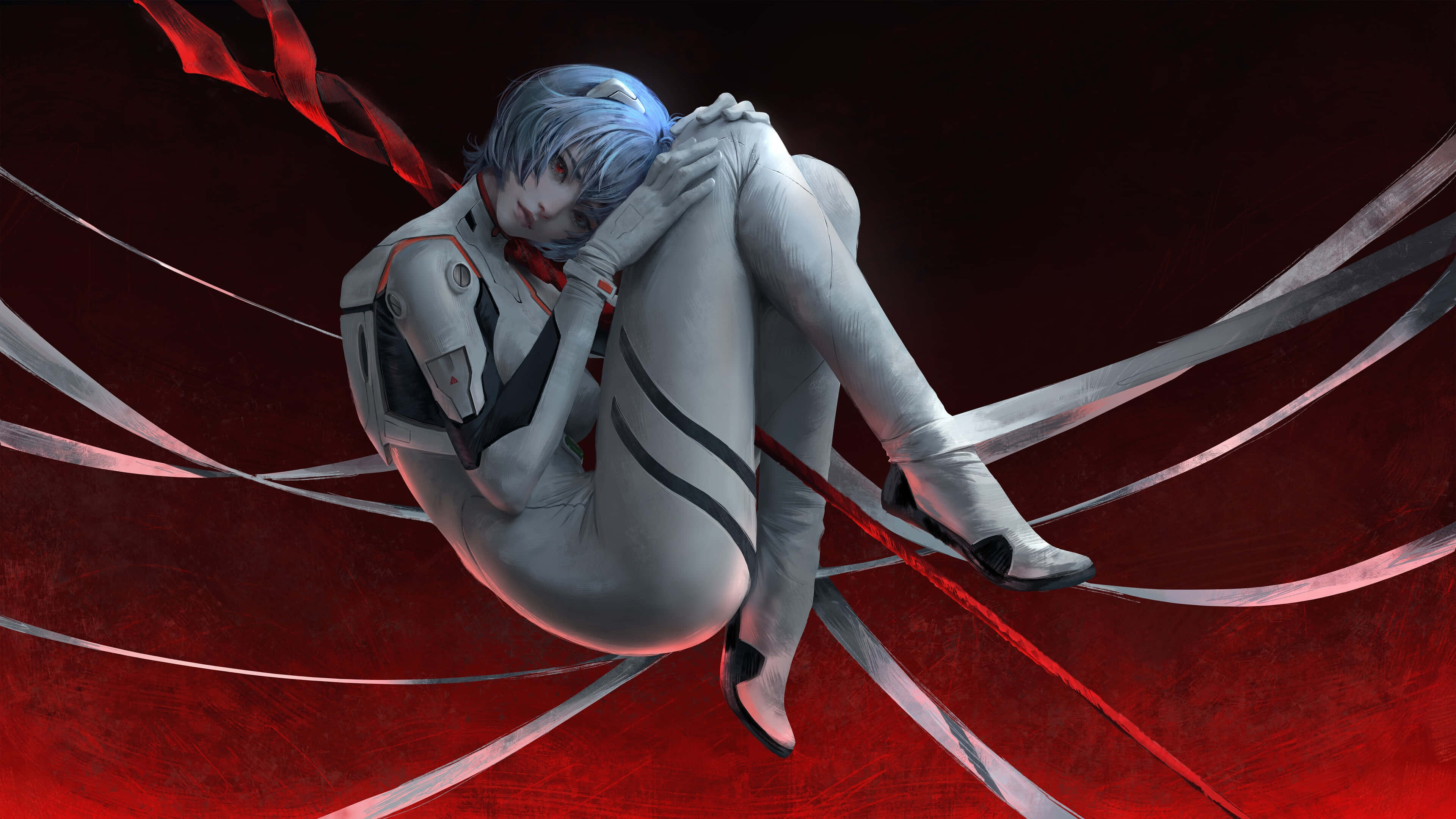 rei ayanami 桌布 壁紙 — 一個藍髮動漫女孩穿著白色西裝，在深紅色背景上，在旋轉的紅色和銀色絲帶中痛苦地蜷縮著。