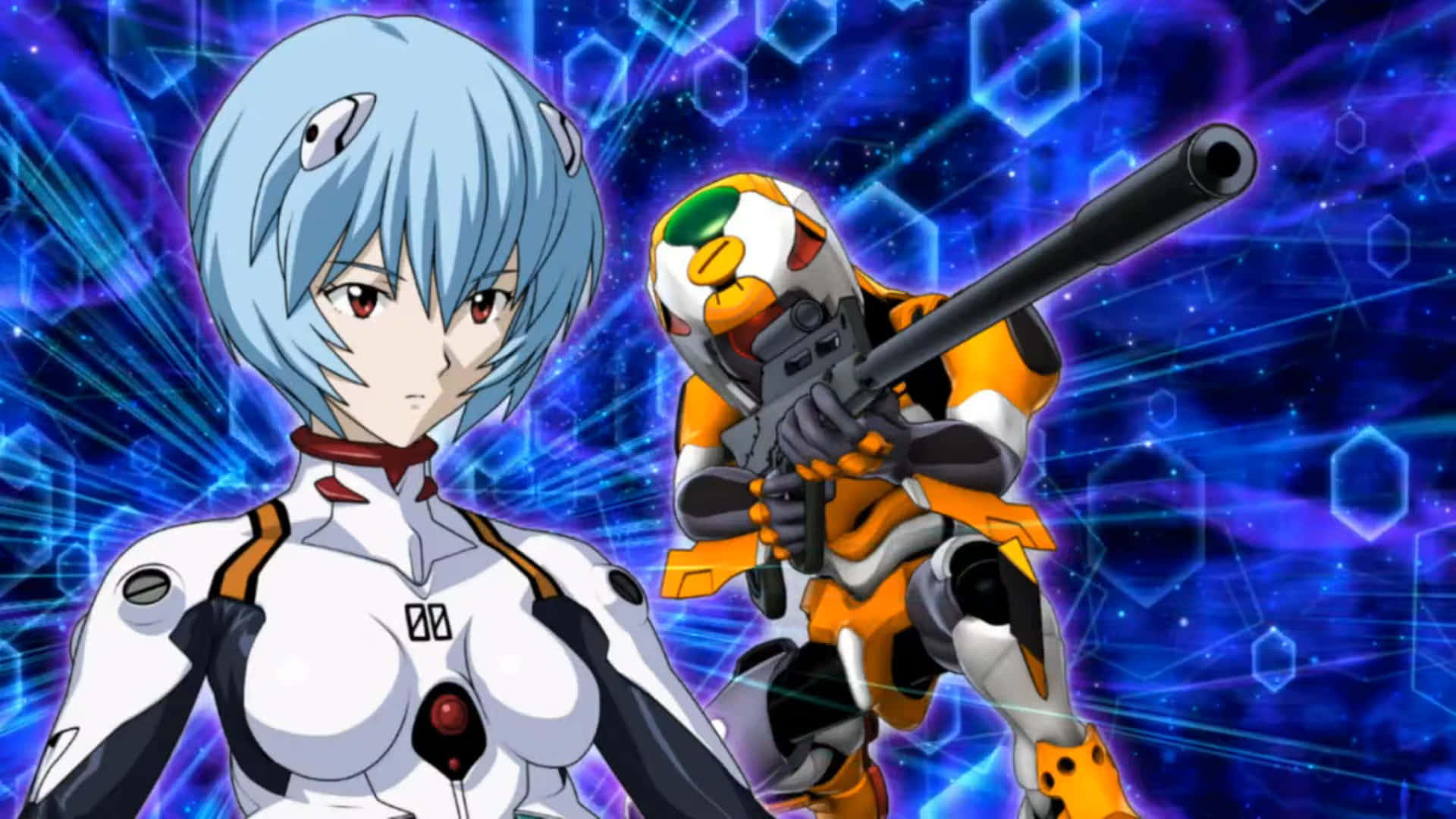 Eva-00 桌布 壁紙 — 一個藍髮動漫女孩穿著白色西裝，站在一個拿著步槍的橙色機甲旁邊，背景是發光的藍色數位背景。
