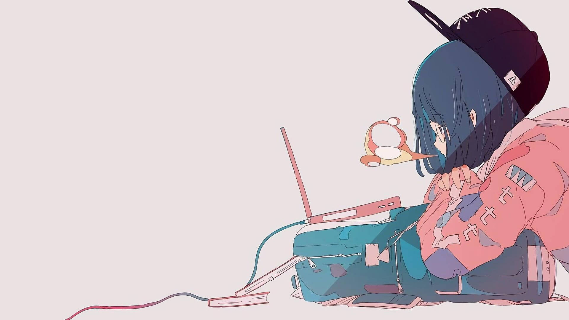 Aesthetic Drawings 桌布 壁紙 — 一個藍髮動漫女孩穿著粉紅色連帽衫和黑色帽子，蜷縮在筆記型電腦和行李箱旁邊，拿著一杯冒著熱氣的飲料。