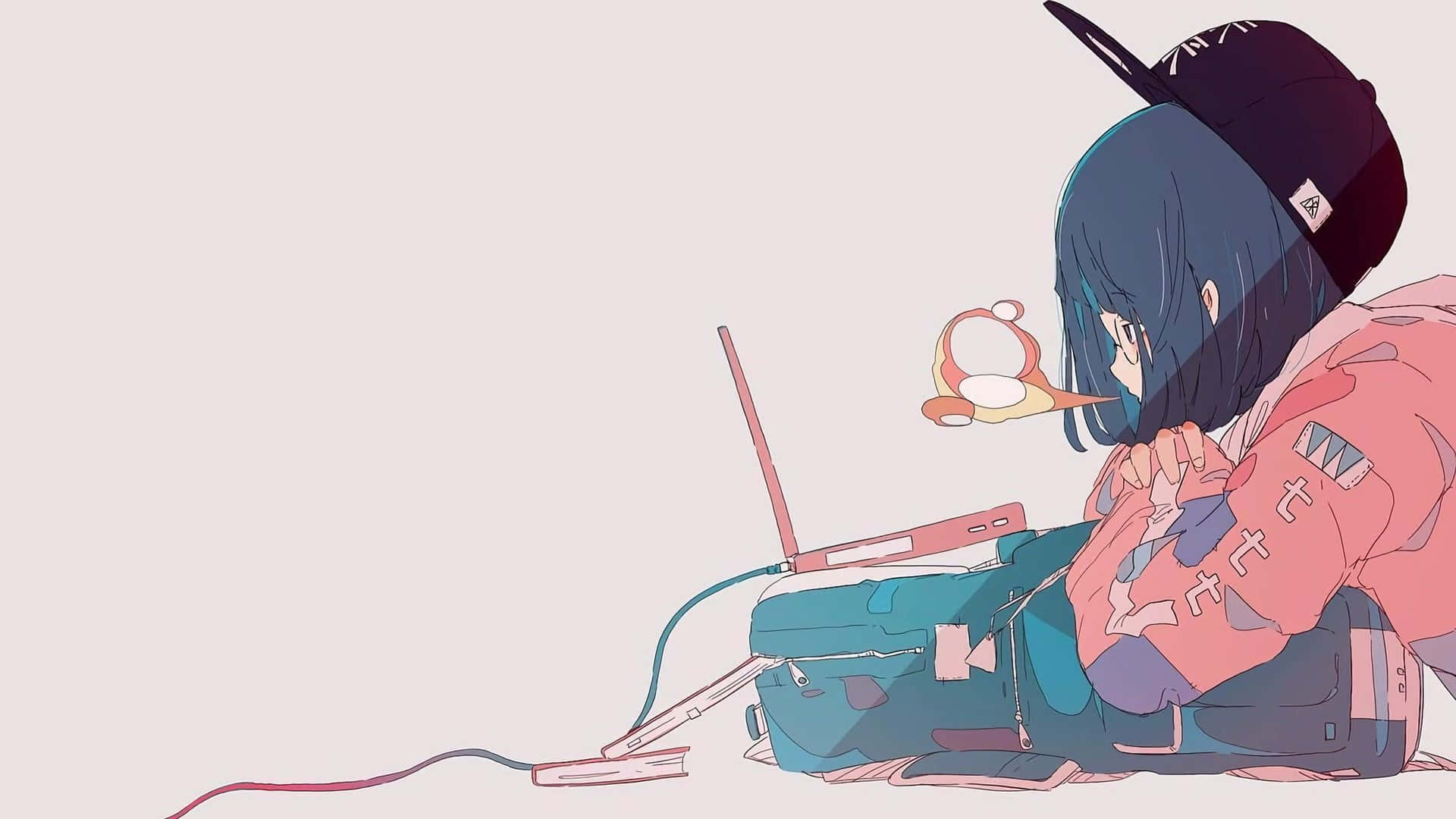 Anime Girl Aesthetic 桌布 壁紙 — 一個藍髮動漫女孩穿著粉紅色連帽衫和黑色帽子，彎腰坐在筆記型電腦前，旁邊有一個漂浮的咖啡杯。